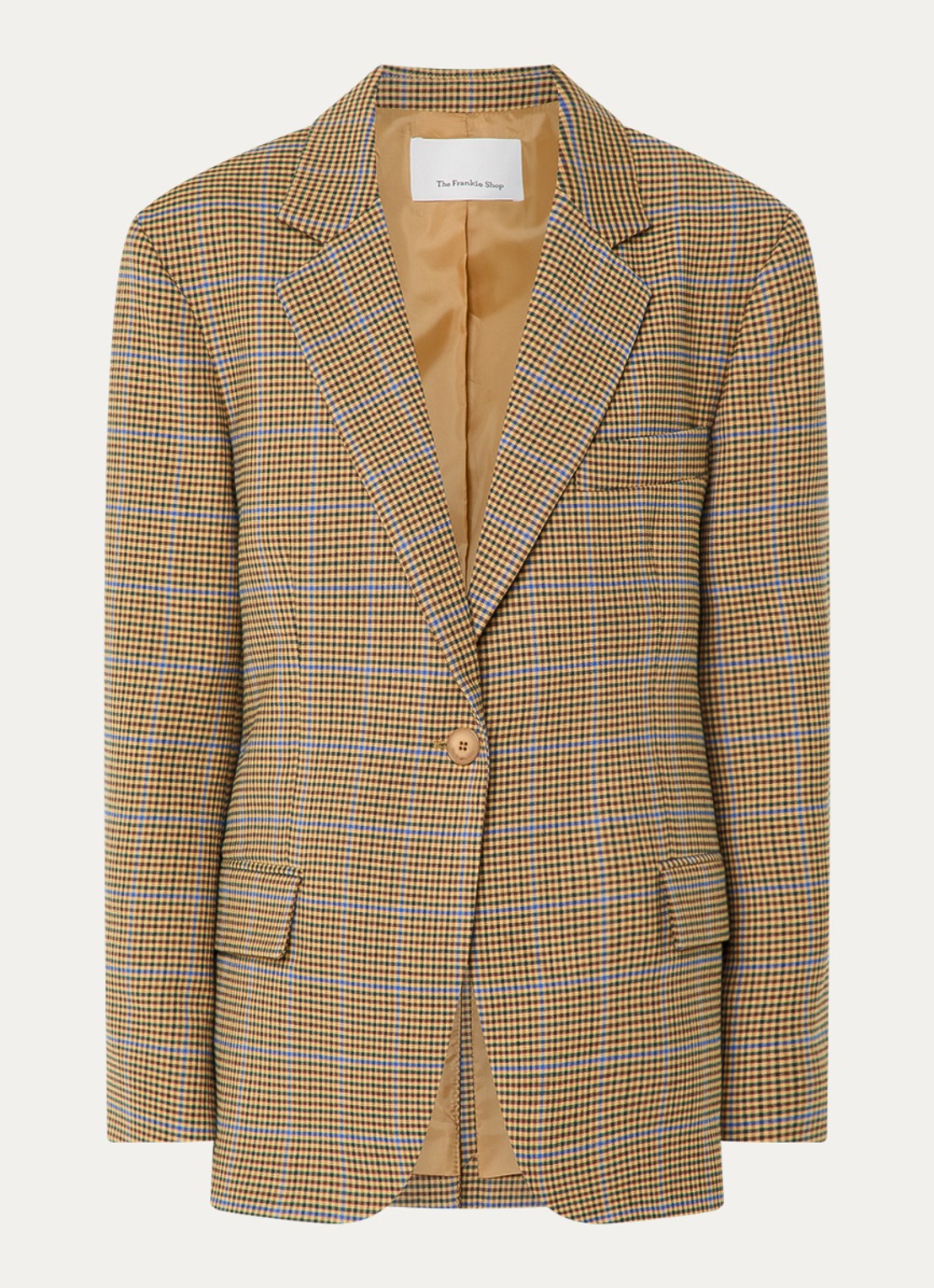 The Frankie Shop Lyra oversized blazer in wolblend met pied-de-poule dessin - voorkant camel