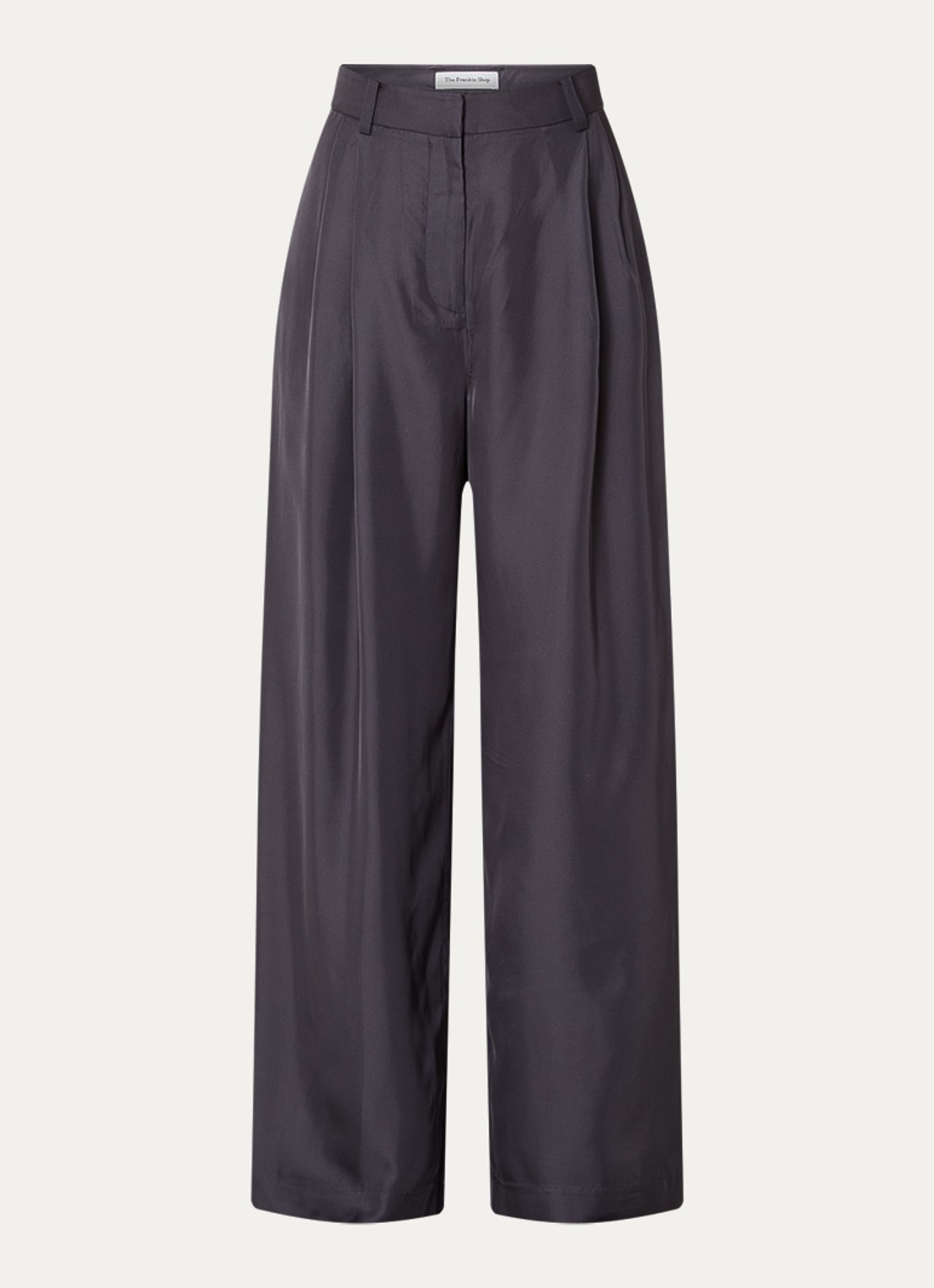 The Frankie Shop Mara Fluid mid waist wide fit pantalon met glanzende finish - voorkant donkergrijs