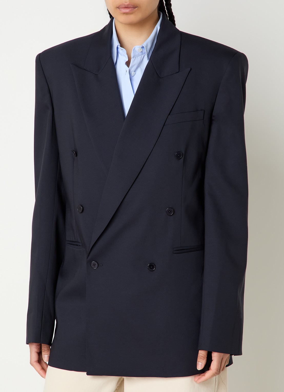 The Frankie Shop Monterey oversized double-breasted blazer in wolblend - detail 3 donkerblauw