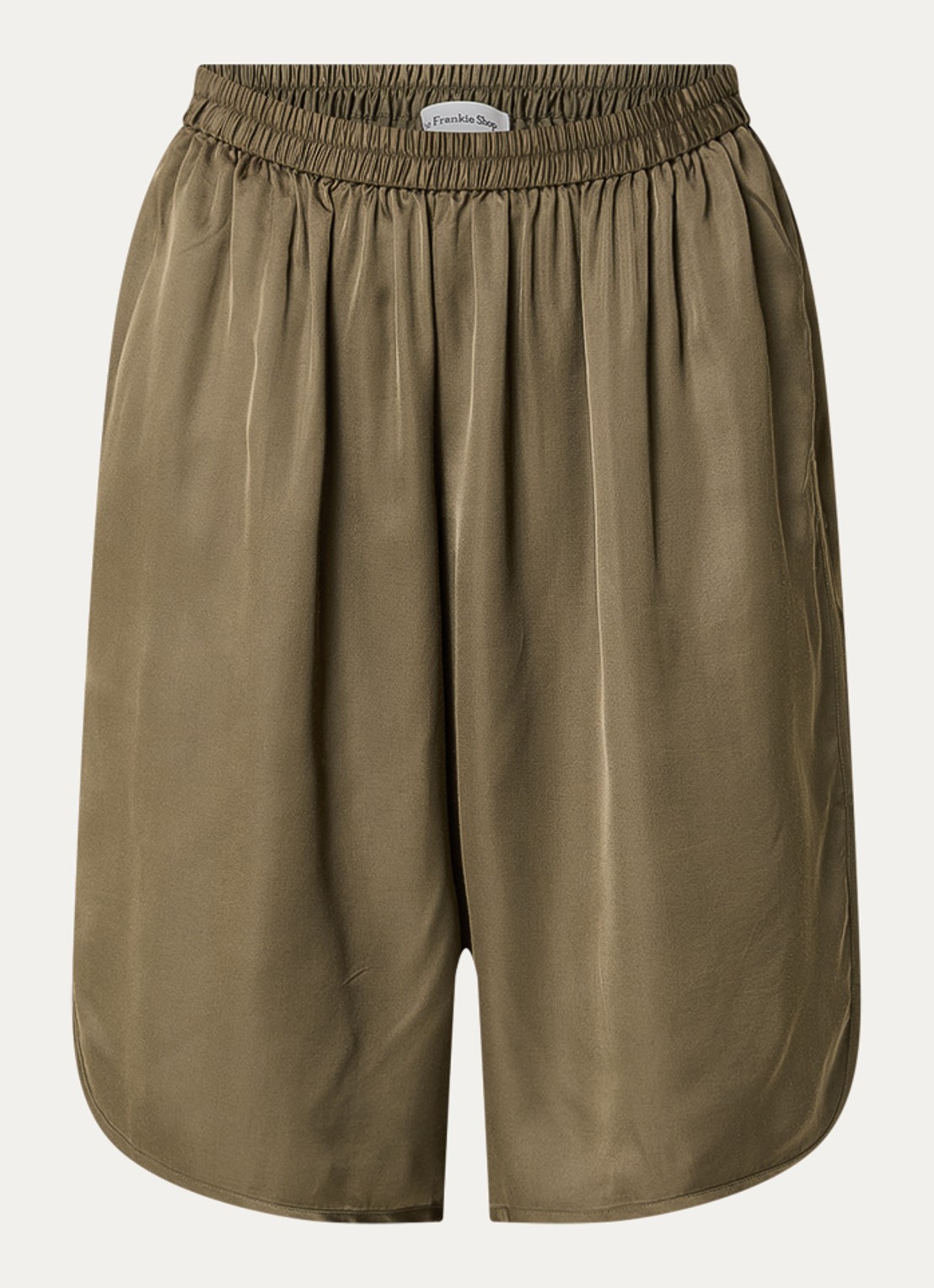 The Frankie Shop Nelis high waist straight fit korte broek van satijn - voorkant olijfgroen