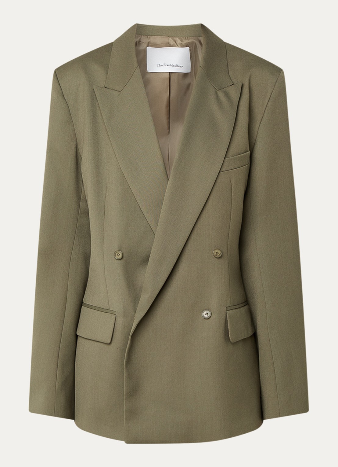 The Frankie Shop Newark double-breasted blazer in scheerwolblend met klepzakken - voorkant 2 legergroen