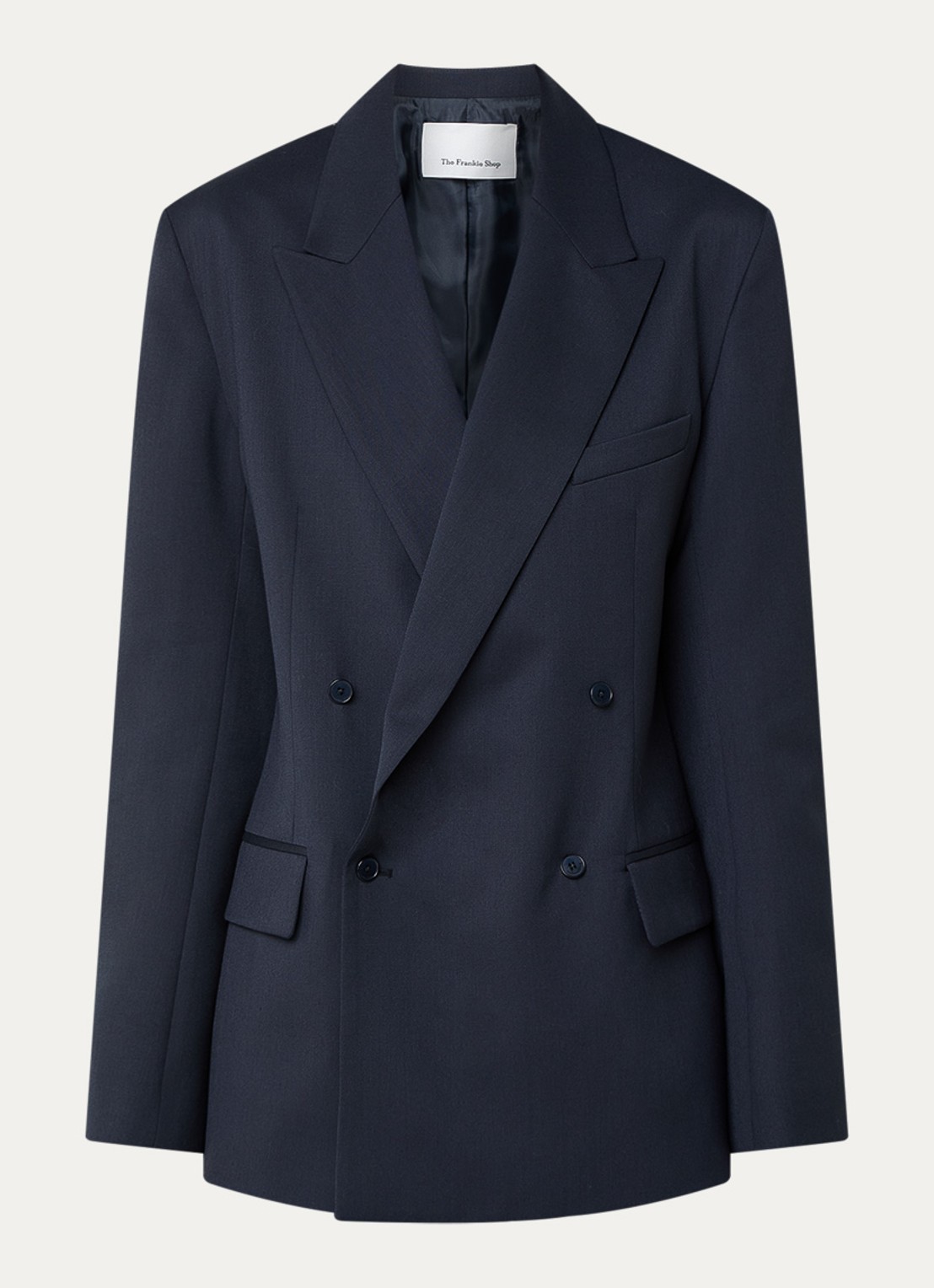 The Frankie Shop Newark double-breasted blazer in scheerwolblend met klepzakken - voorkant donkerblauw