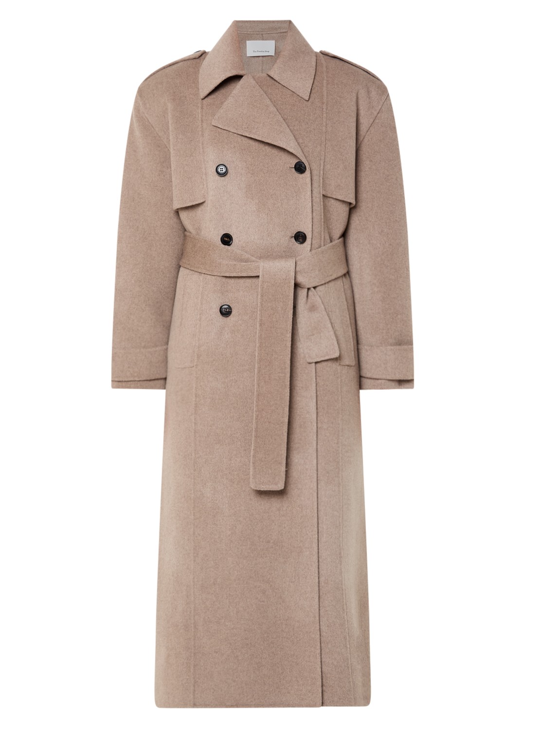 The Frankie Shop Nikola trenchcoat in kasjmierblend met schoudervulling - voorkant 3 donkerbeige