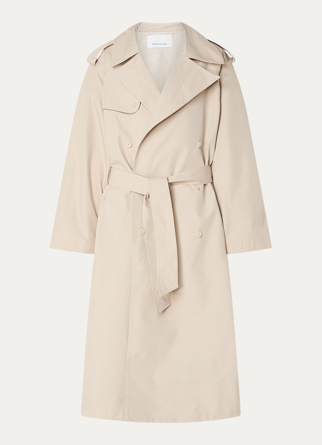 The Frankie Shop Riva double-breasted trenchcoat met ceintuur en steekzakken - voorkant beige