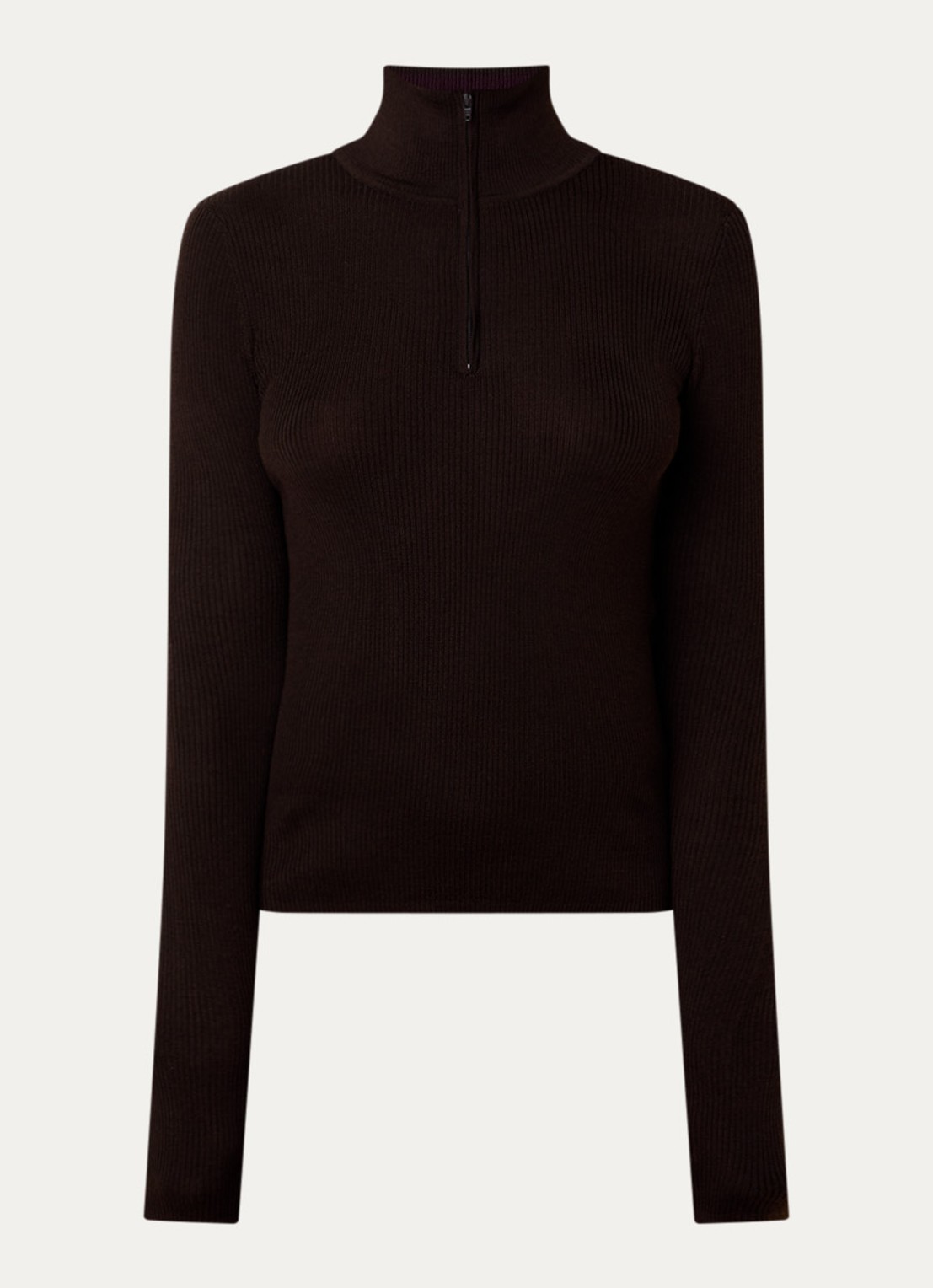 The Frankie Shop Sade fijngebreide pullover in wolblend met halve rits - voorkant donkerbruin