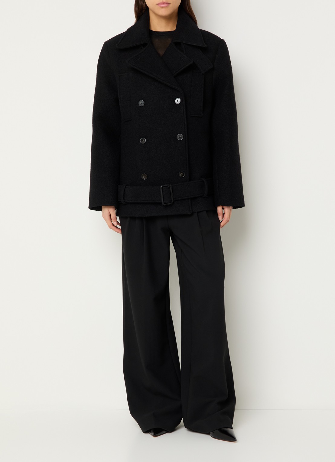 The Frankie Shop Scothern jack van scheerwol met ceintuur - voorkant 3 zwart