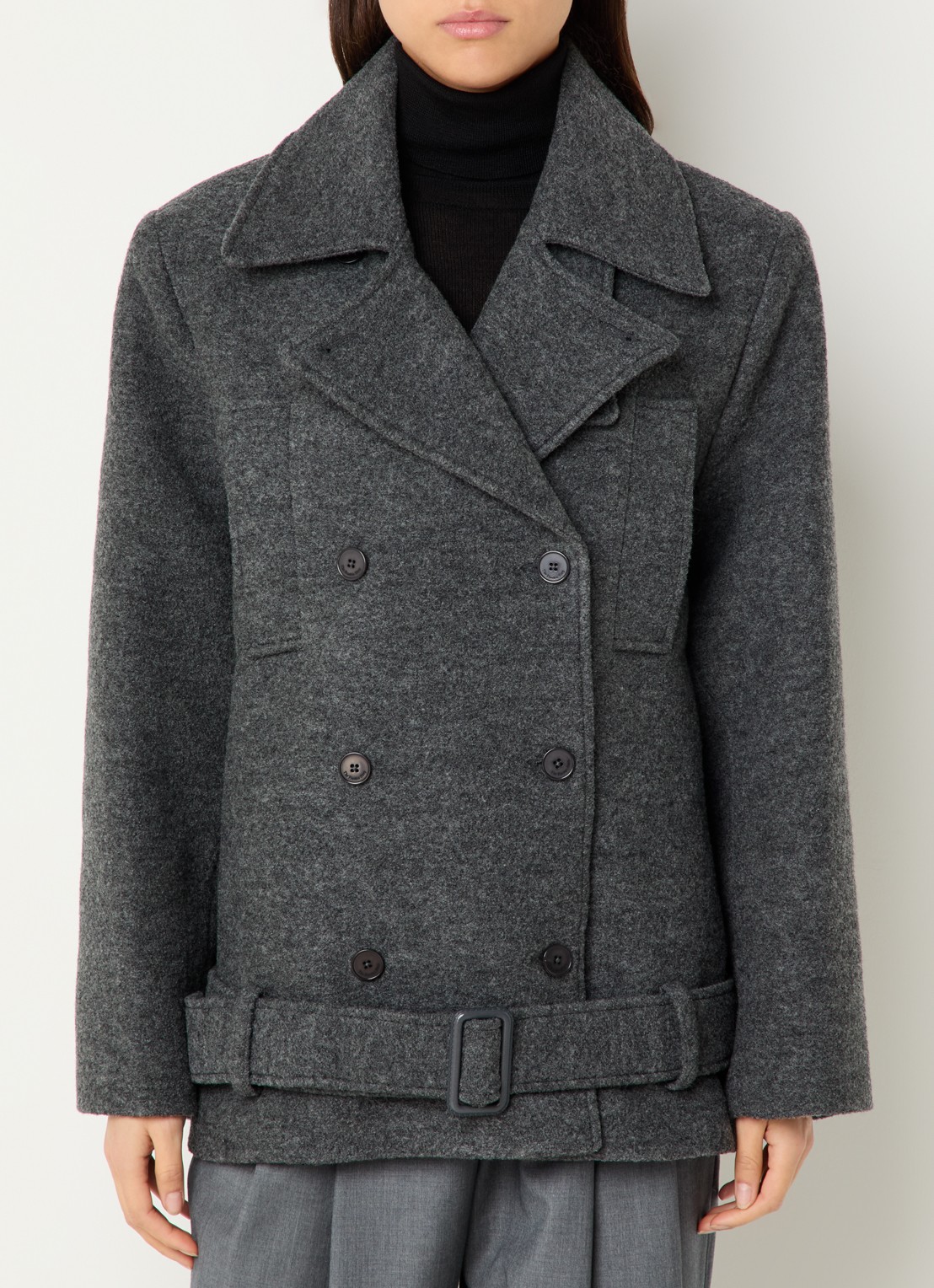 The Frankie Shop Scothern jack van scheerwol met ceintuur - detail donkergrijs