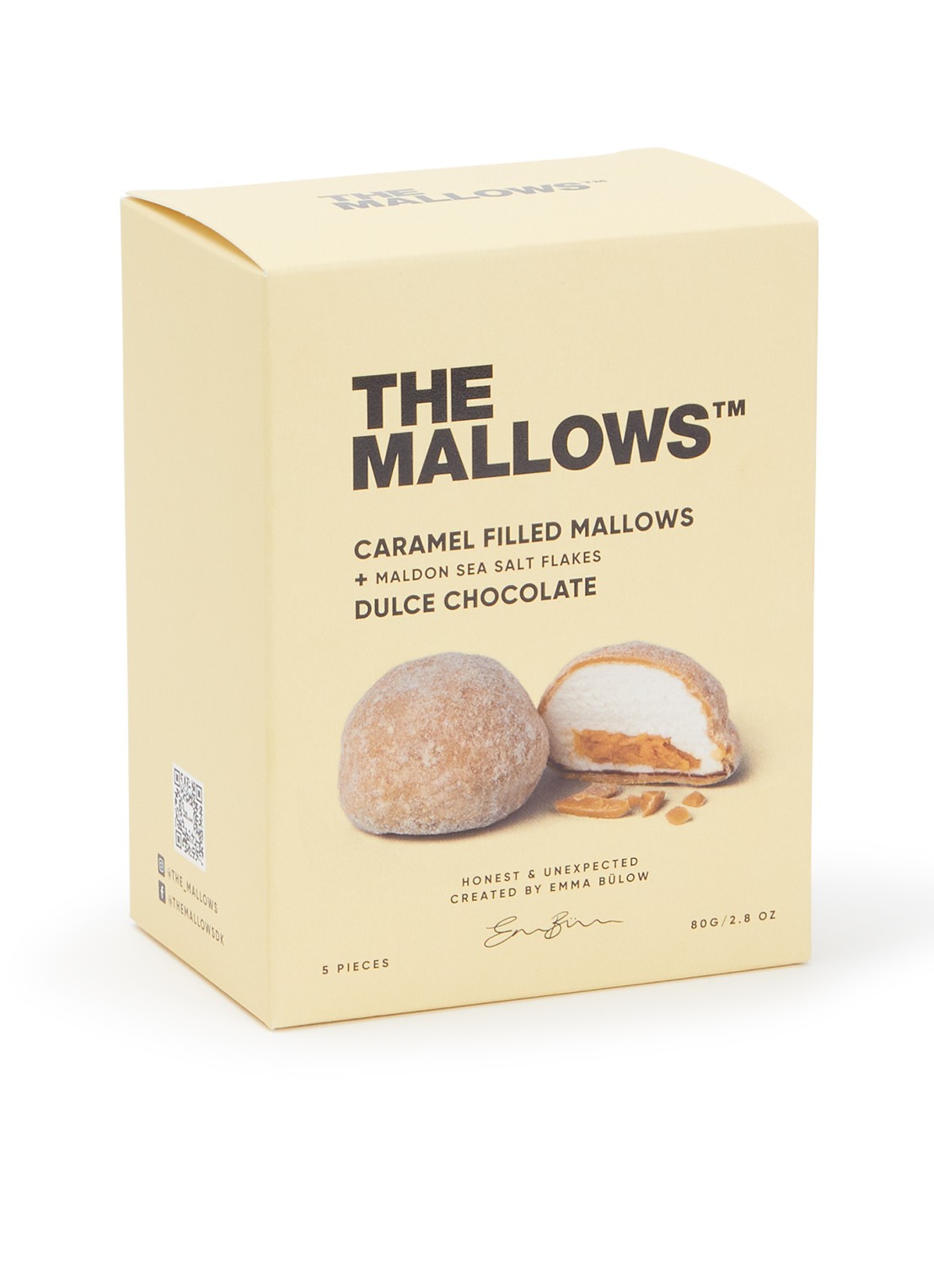 The Mallows Caramel Filled Mallows dulce chocolade 80 gram - voorkant lichtgeel