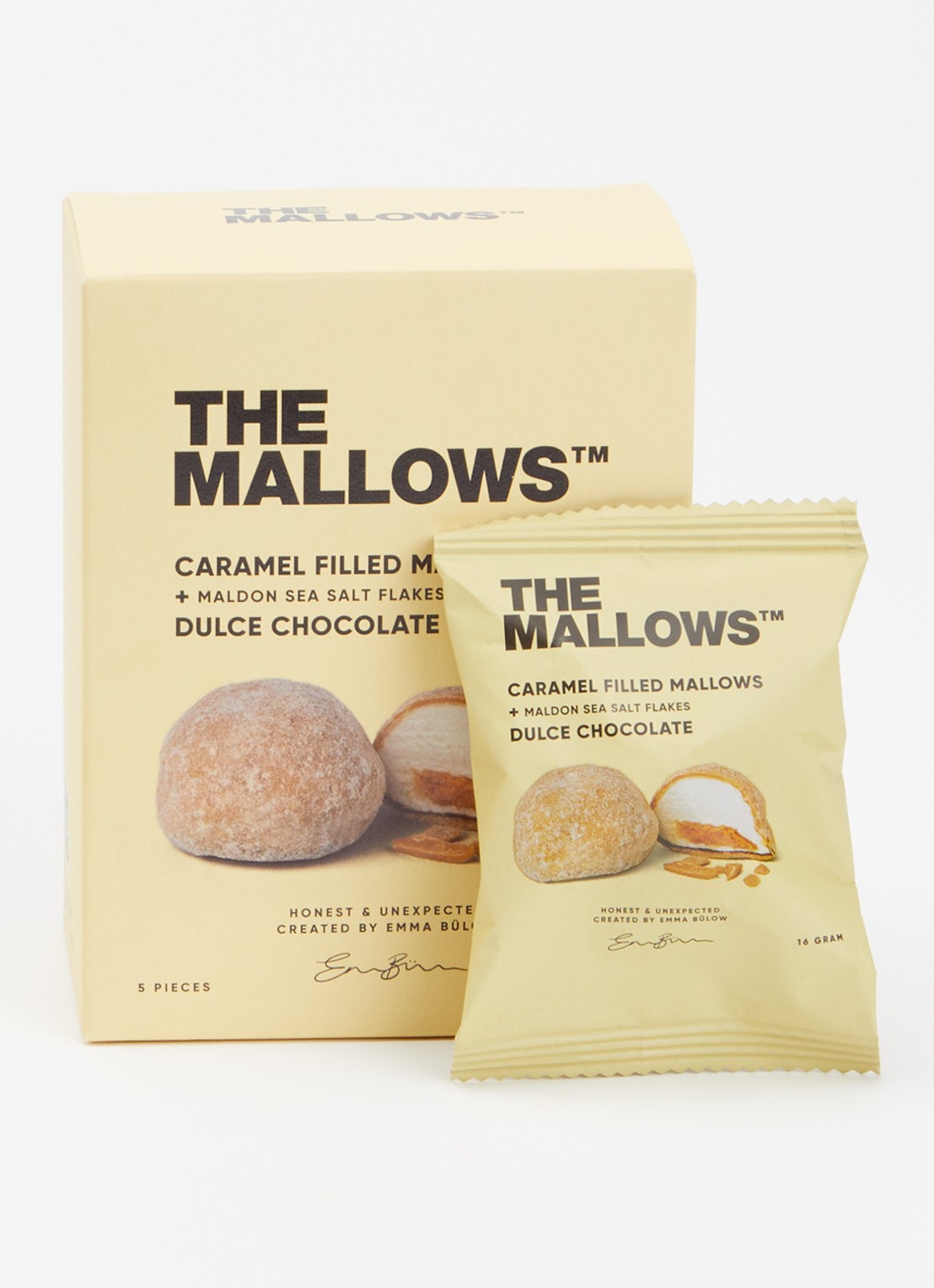 The Mallows Caramel Filled Mallows dulce chocolade 80 gram - voorkant 2 lichtgeel
