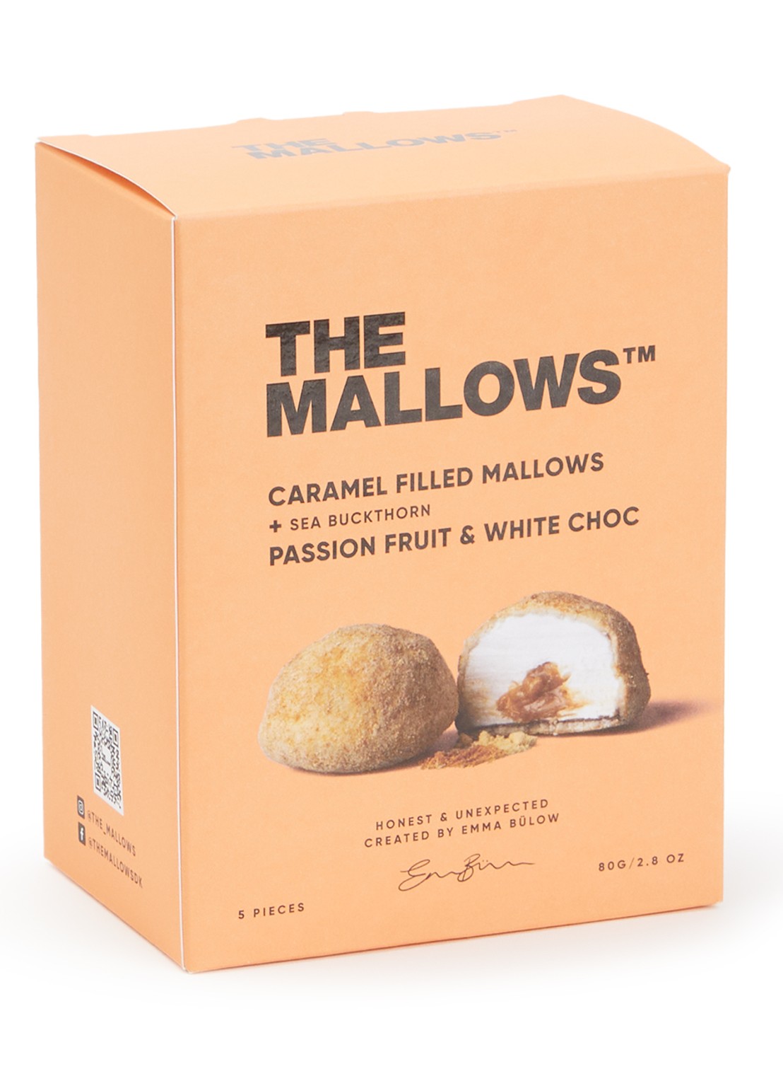 The Mallows Caramel Filled Mallows passievrucht en witte chocolade 80 gram - voorkant orange