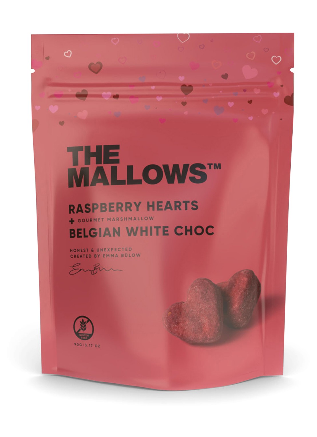 The Mallows Hartjes witte chocolade & framboos marshmallows 90 gram - voorkant undefined