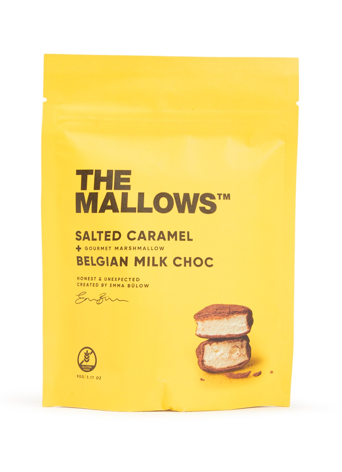 The Mallows Salted Caramel marshmallows met melk chocolade en caramel 90 gram - voorkant undefined