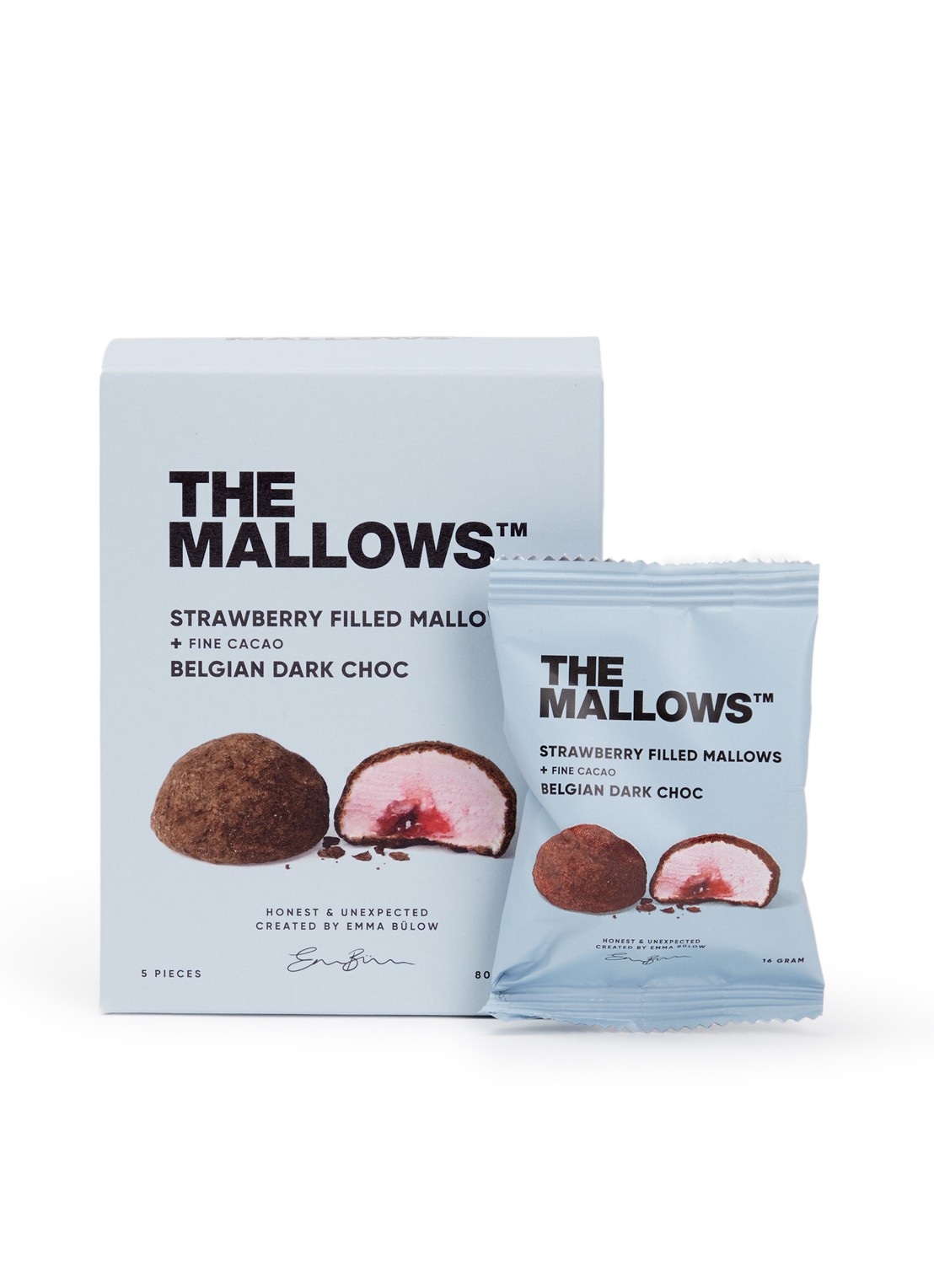 The Mallows Strawberry filled Mallows - Belgian Dark Choc 5 stuks - voorkant undefined