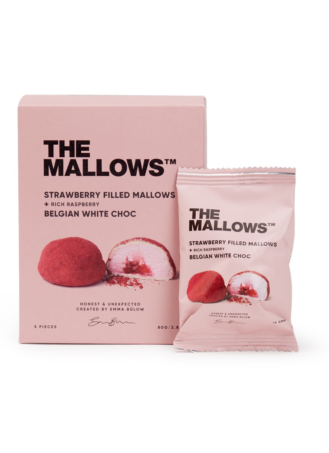 The Mallows Strawberry Filled Mallows - Belgian White Choc 5 stuks - voorkant undefined
