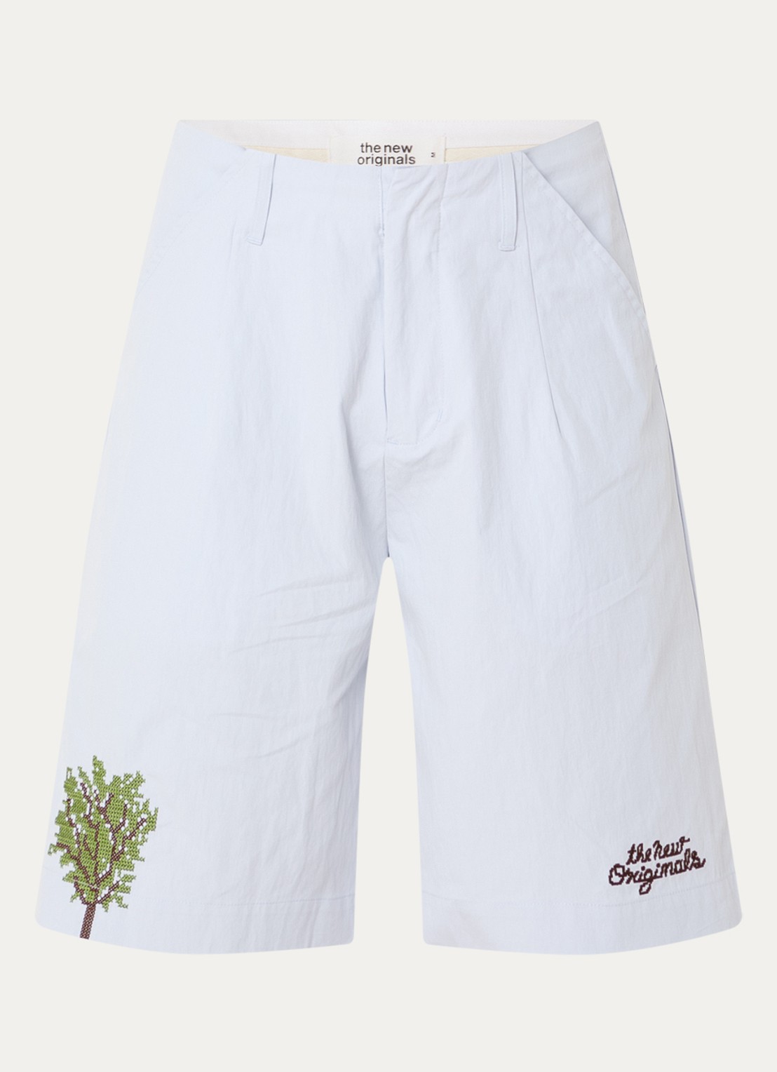 The New Originals Block Party loose fit korte broek met borduring en steekzakken - voorkant lichtblauw