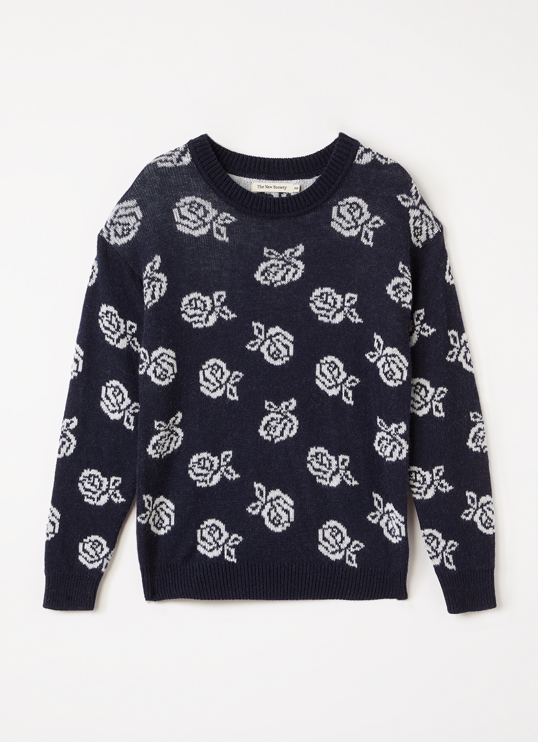 The New Society Fleckers grofgebreide trui met ingebreid patroon - voorkant donkerblauw