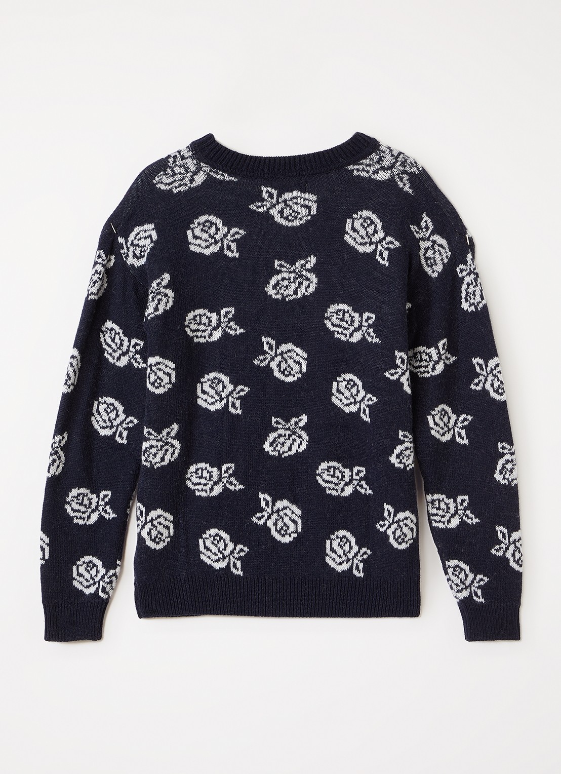 The New Society Fleckers grofgebreide trui met ingebreid patroon - voorkant 2 donkerblauw