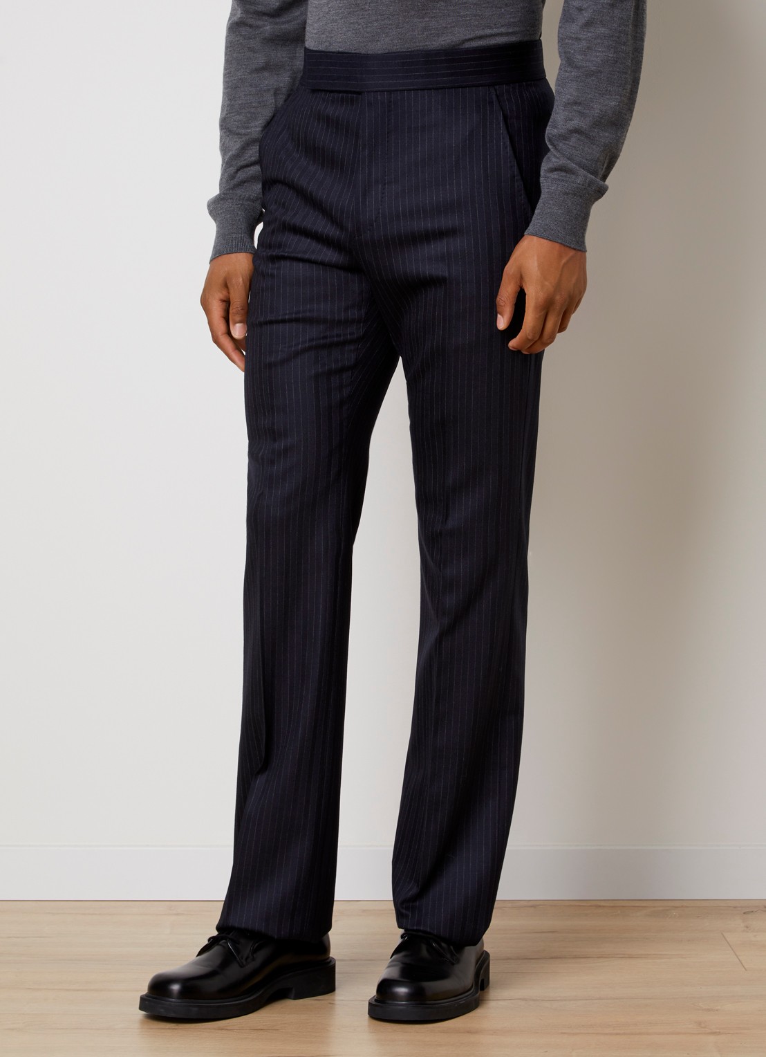 TOM FORD Straight fit pantalon van wol met streepprint en steekzakken - detail 4 donkerblauw