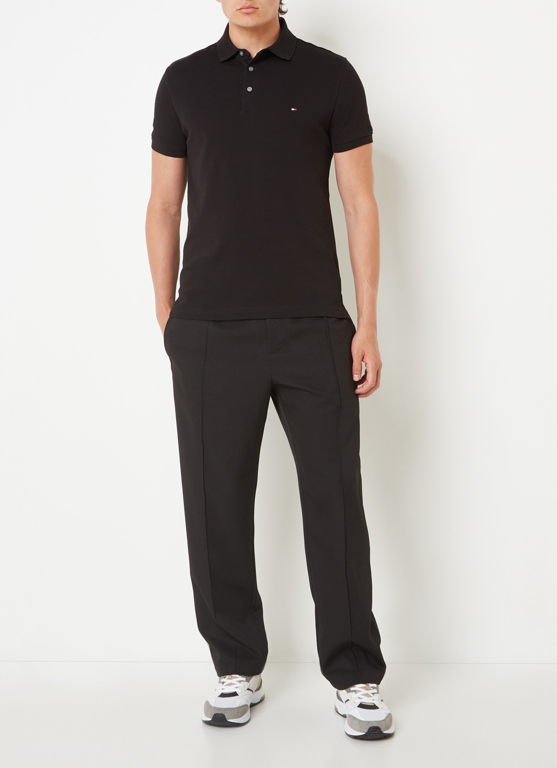 Tommy Hilfiger 1985 slim fit polo met logoborduring - voorkant 3 black  / zwart