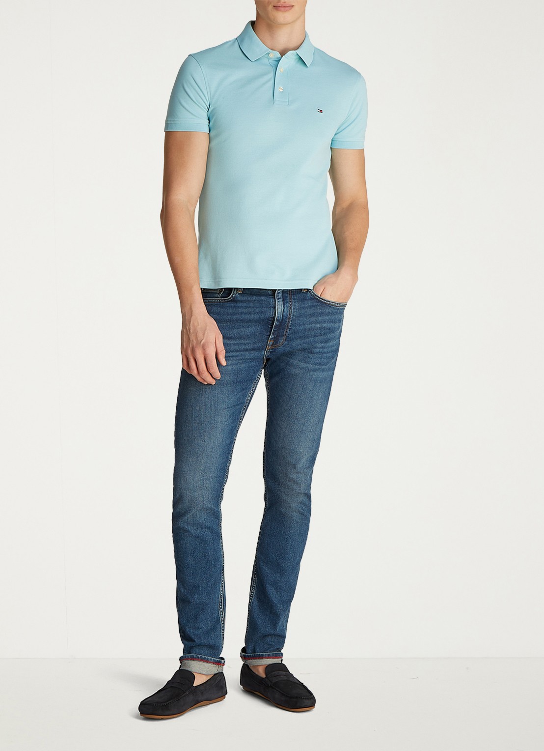 Tommy Hilfiger 1985 slim fit polo met logoborduring - voorkant 5 tradewinds aqua / blauw