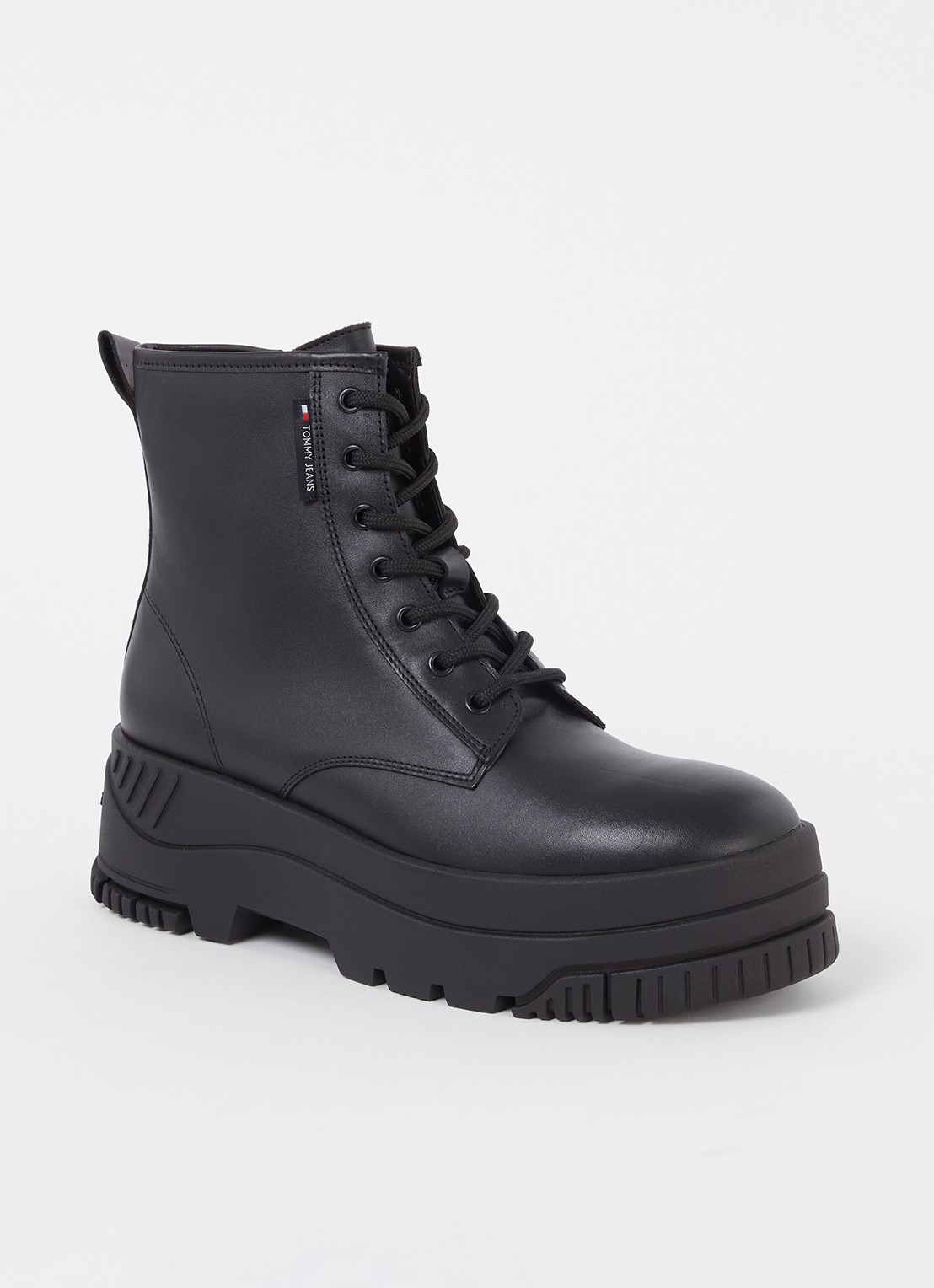 Tommy Hilfiger Biker boot van leer met plateauzool - voorkant 3 zwart
