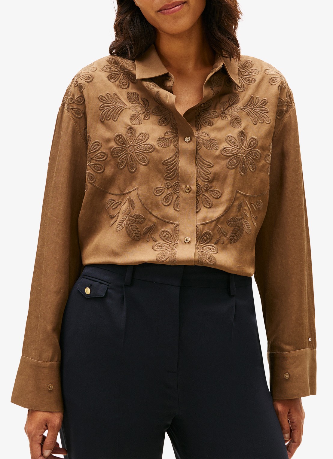 Tommy Hilfiger Blouse in linnenblend met borduring - detail 2 camel