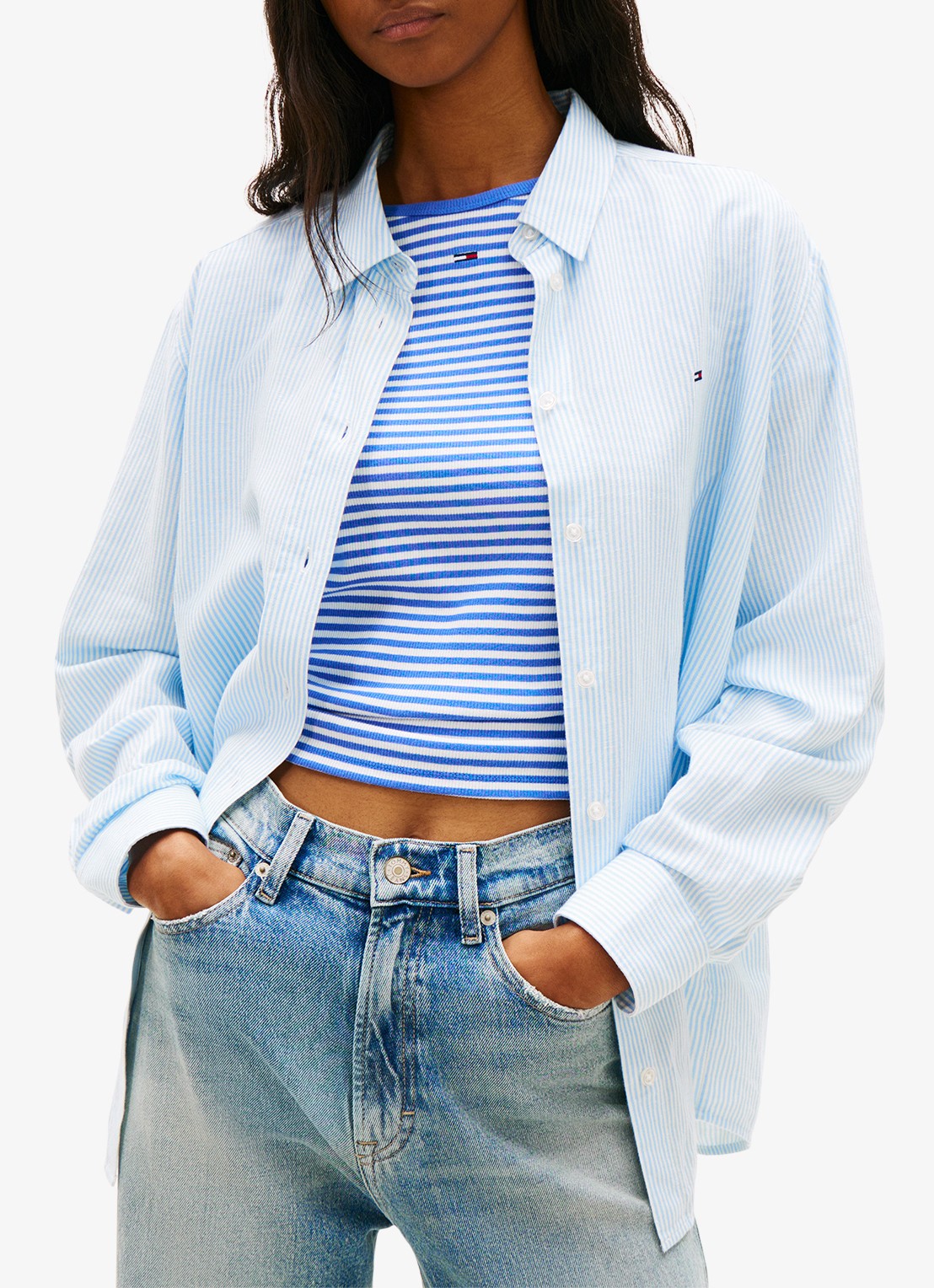 Tommy Hilfiger Blouse in linnenblend met streepprint - detail 4 lichtblauw