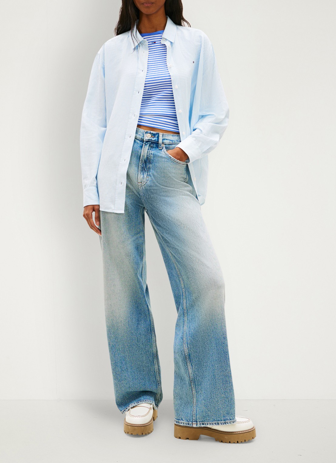 Tommy Hilfiger Blouse in linnenblend met streepprint - voorkant 2 lichtblauw