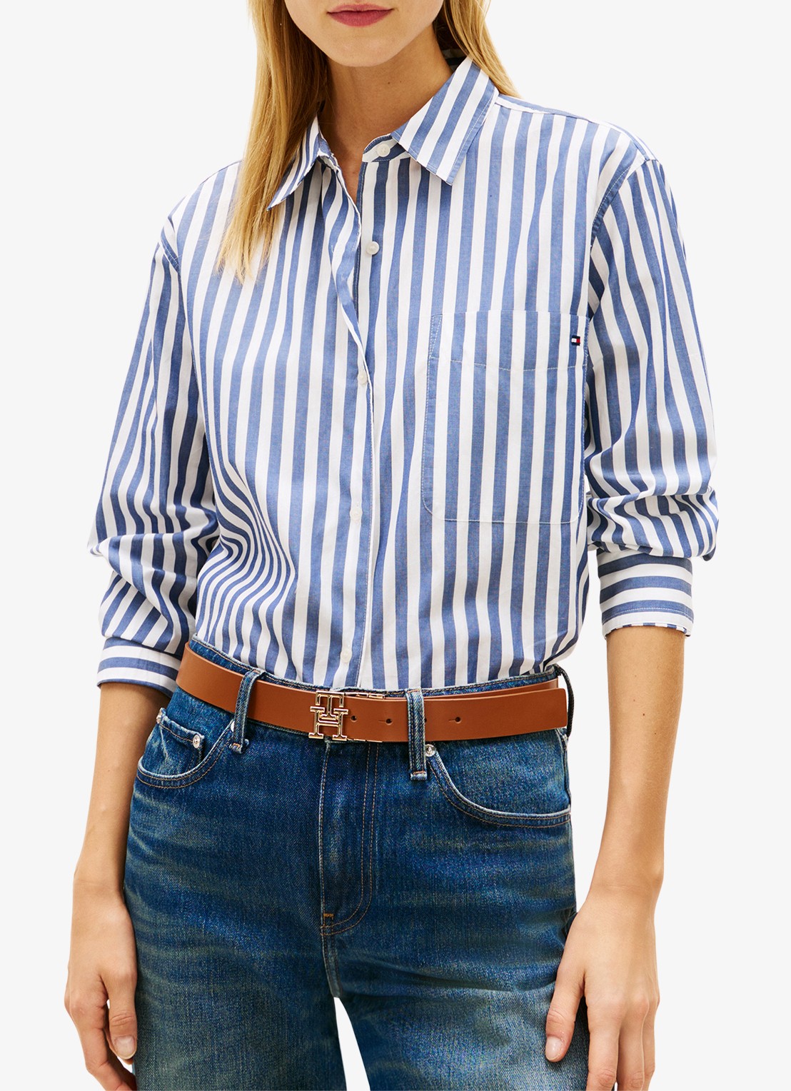 Tommy Hilfiger Blouse met streepprint en borstzak - detail 4 lichtblauw