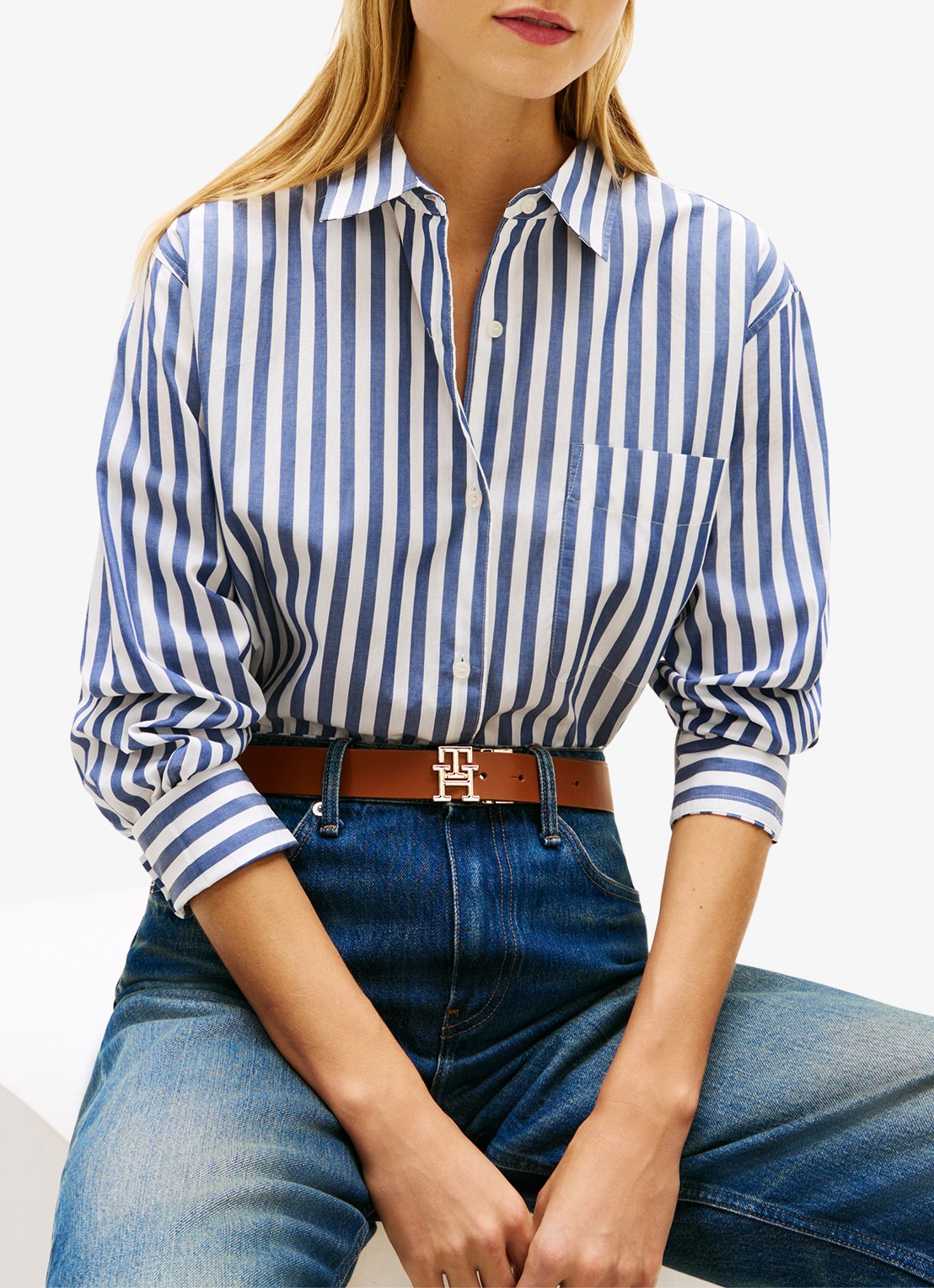 Tommy Hilfiger Blouse met streepprint en borstzak - detail 5 lichtblauw