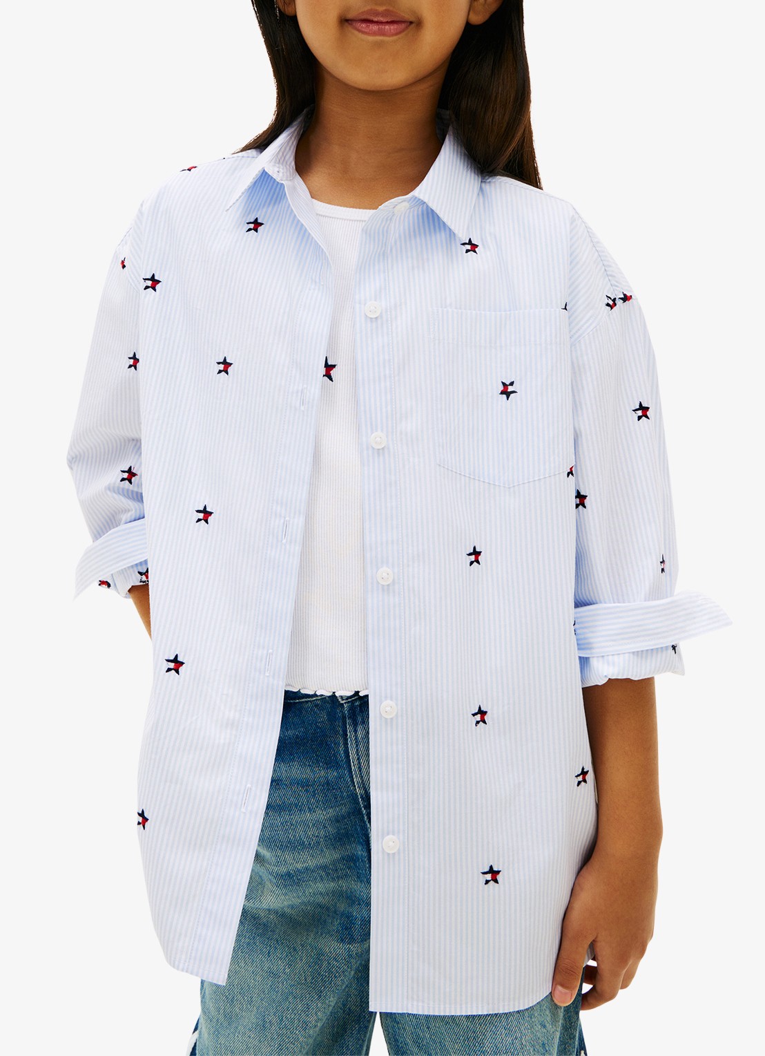 Tommy Hilfiger Blouse met streepprint en borstzak - detail 4 lichtblauw