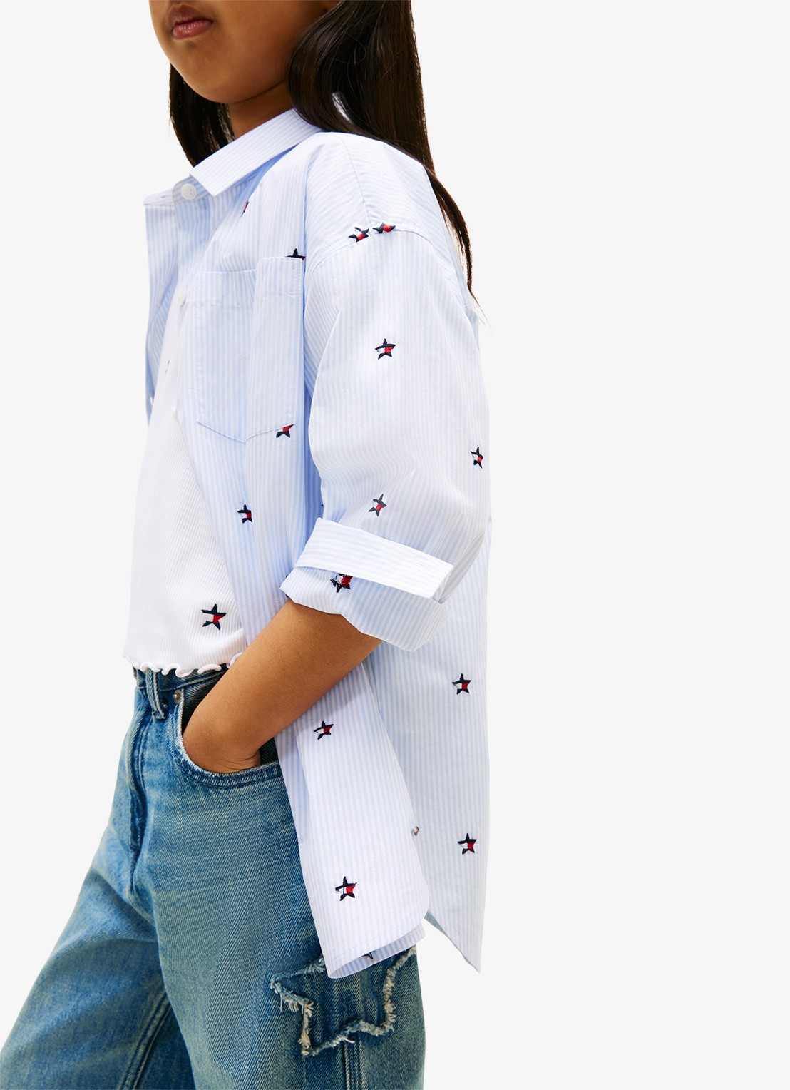 Tommy Hilfiger Blouse met streepprint en borstzak - detail 5 lichtblauw