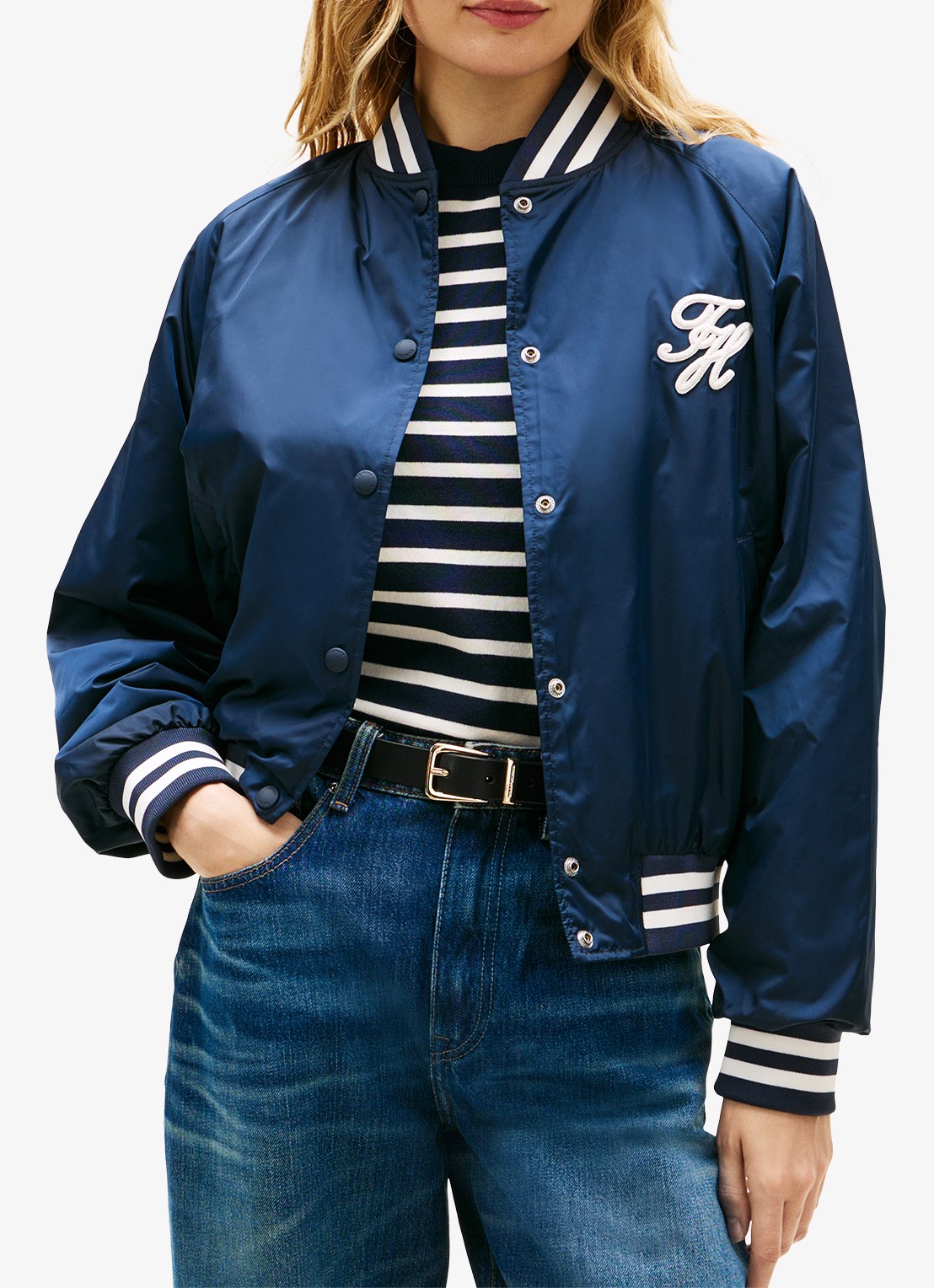 Tommy Hilfiger Bomberjack met logoborduring en backprint - detail 2 donkerblauw