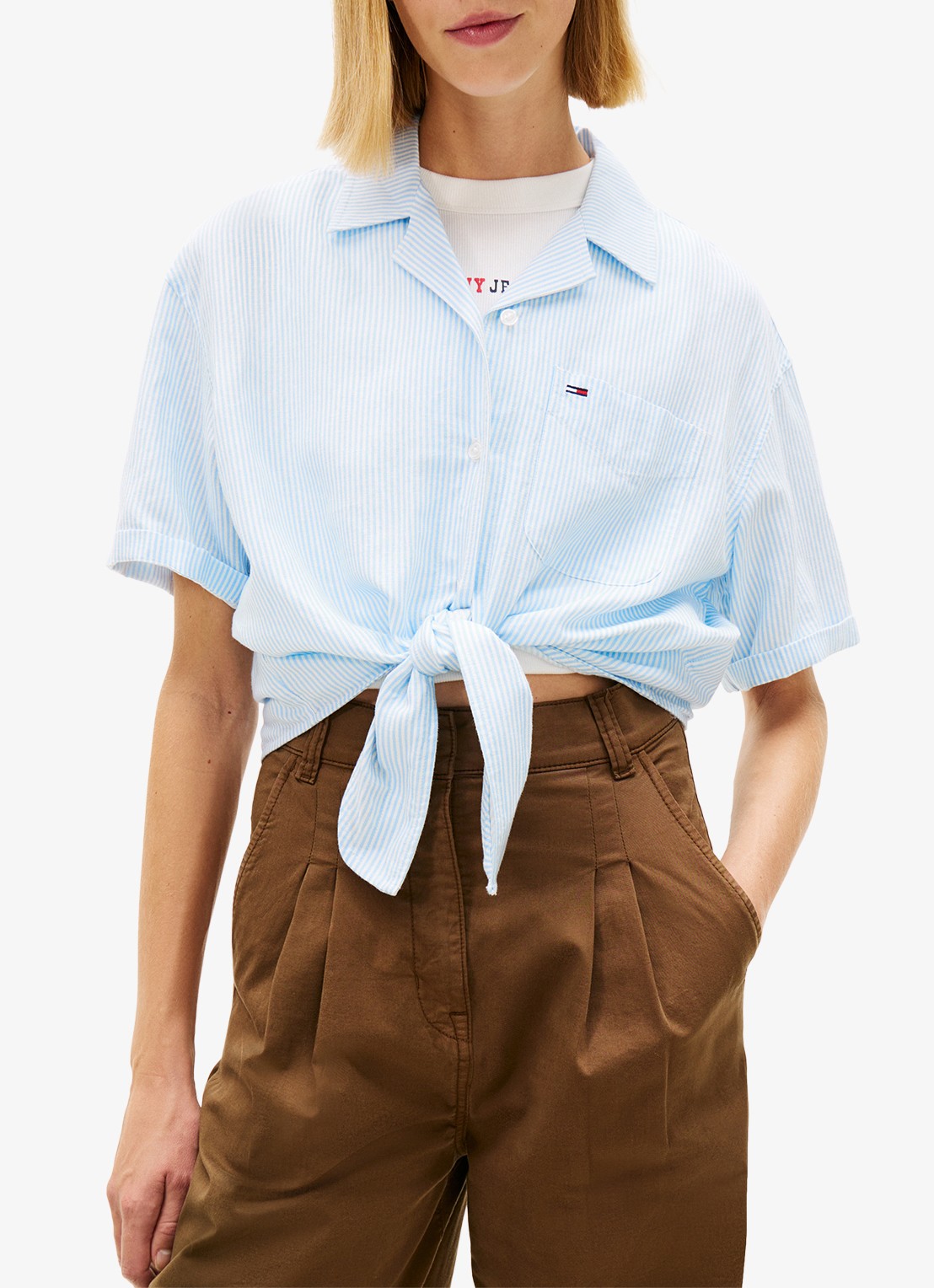 Tommy Hilfiger Cropped blouse in linnenblend met streepprint - detail lichtblauw