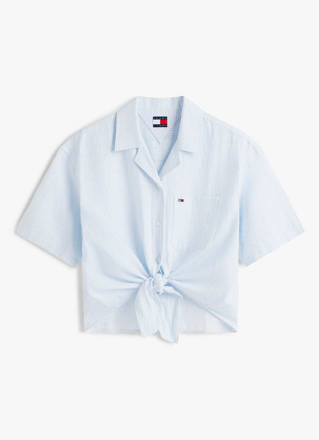 Tommy Hilfiger Cropped blouse in linnenblend met streepprint - voorkant 4 lichtblauw