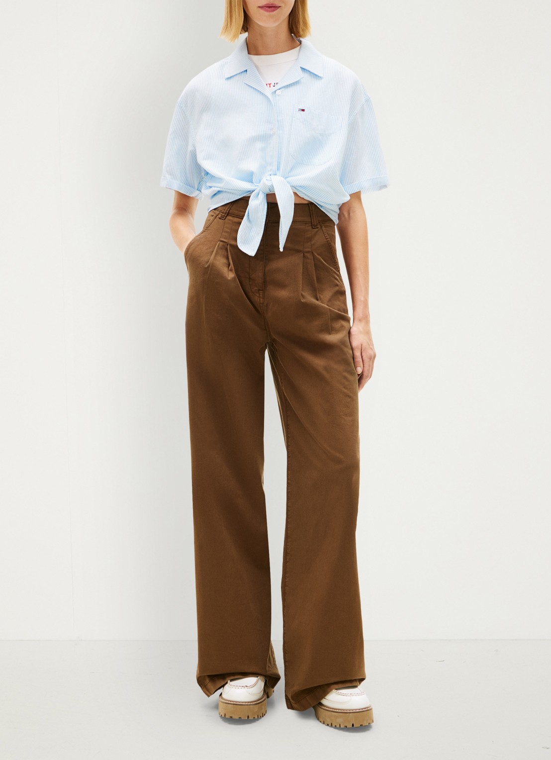 Tommy Hilfiger Cropped blouse in linnenblend met streepprint - voorkant 5 lichtblauw