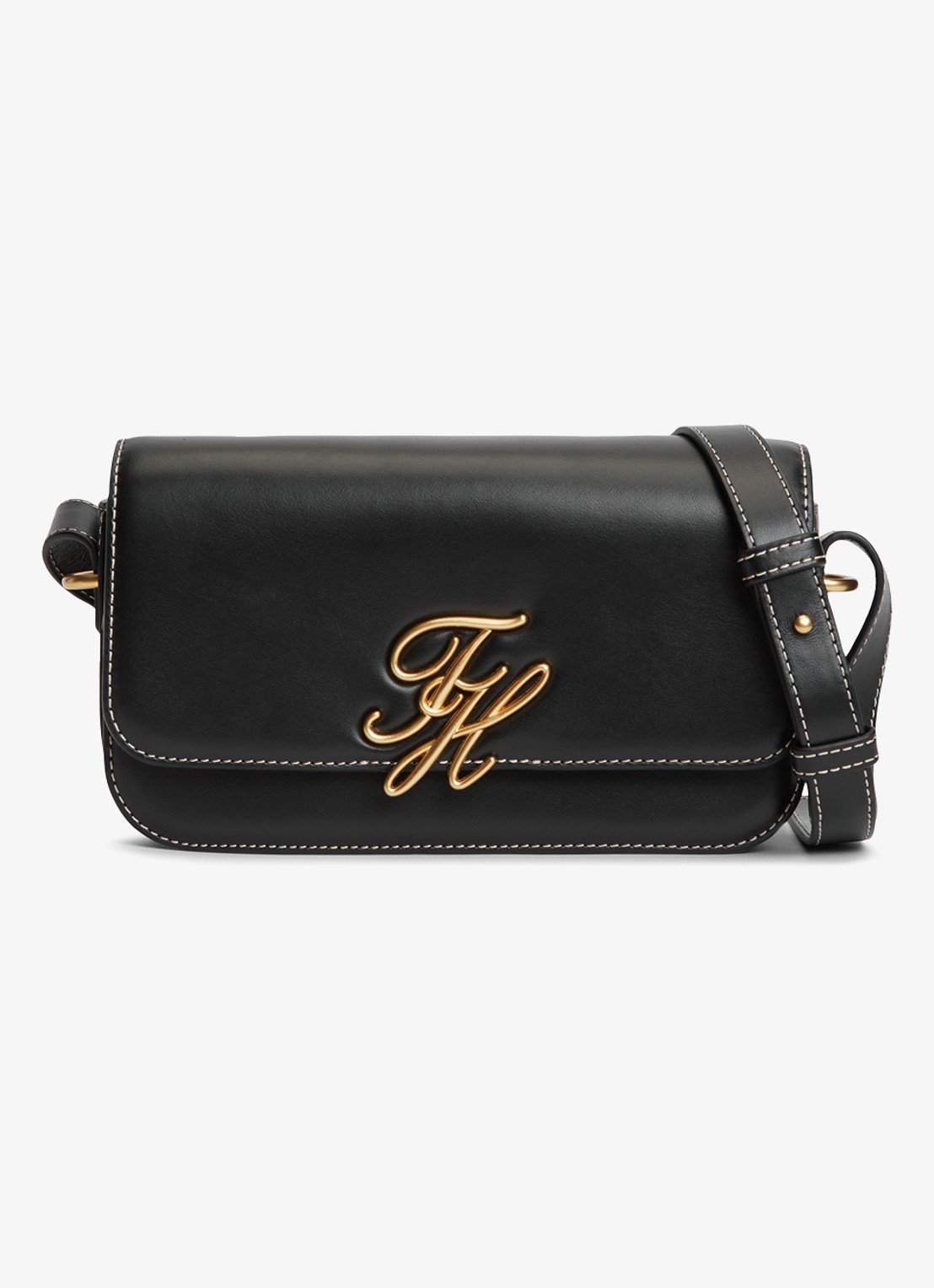 Tommy Hilfiger Crossbodytas van leer met logo - voorkant zwart