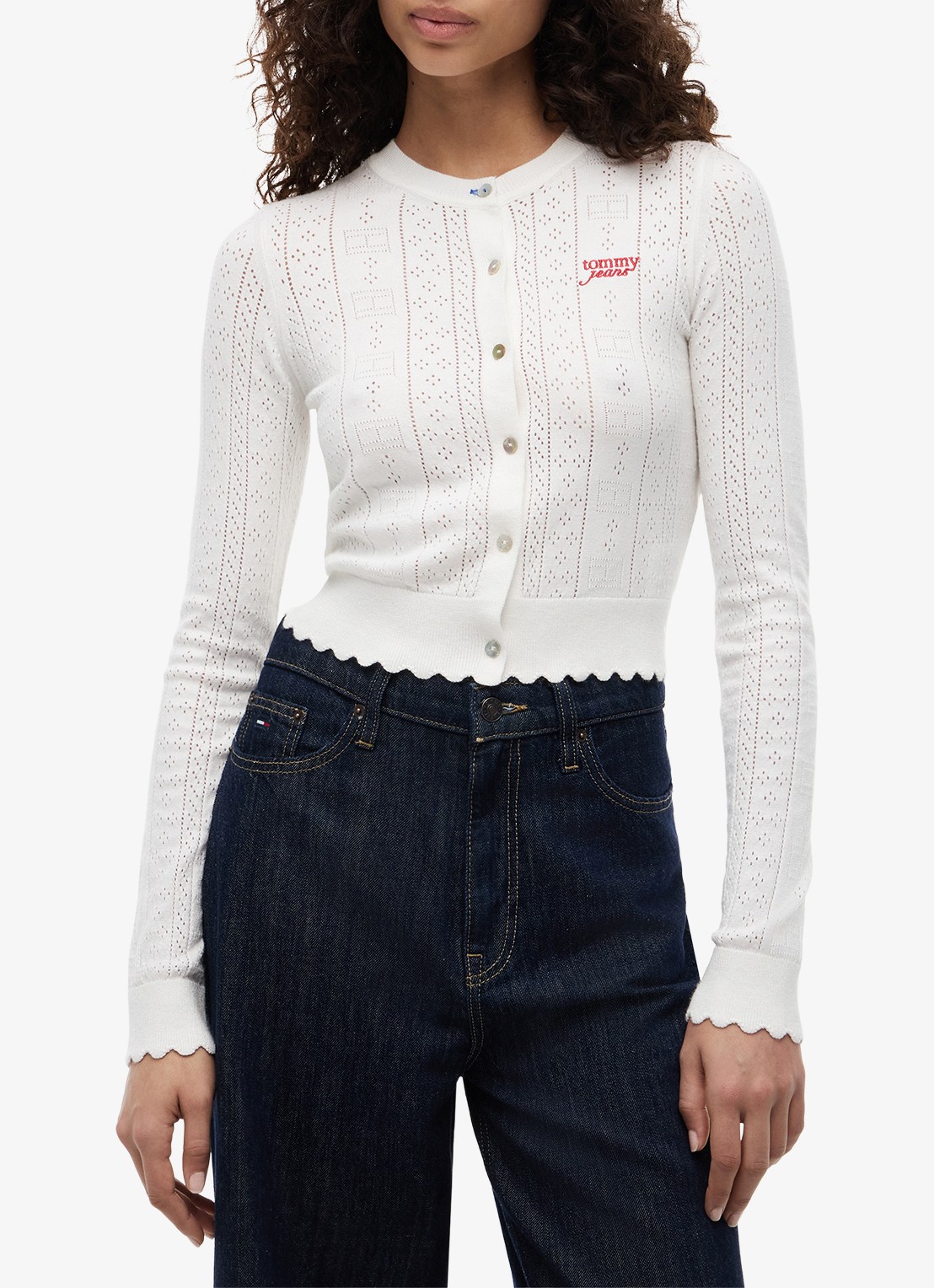 Tommy Hilfiger Fijngebreid vest met opengewerkt dessin - detail 3 gebroken wit