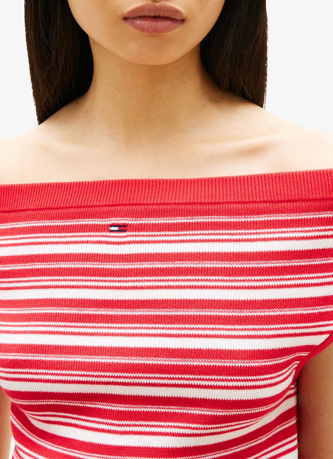 Tommy Hilfiger Fijngebreide off-shoulder top met streepprint - detail 2 rood