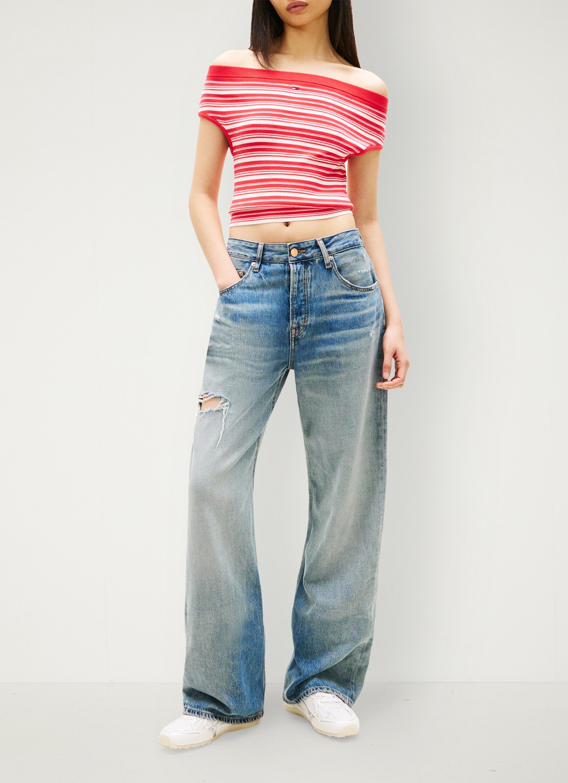 Tommy Hilfiger Fijngebreide off-shoulder top met streepprint - voorkant 4 rood