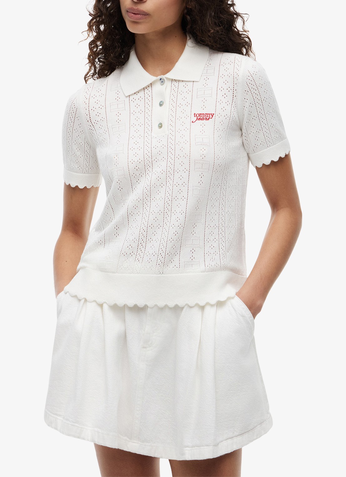 Tommy Hilfiger Fijngebreide polo met opengewerkt dessin - detail 2 gebroken wit