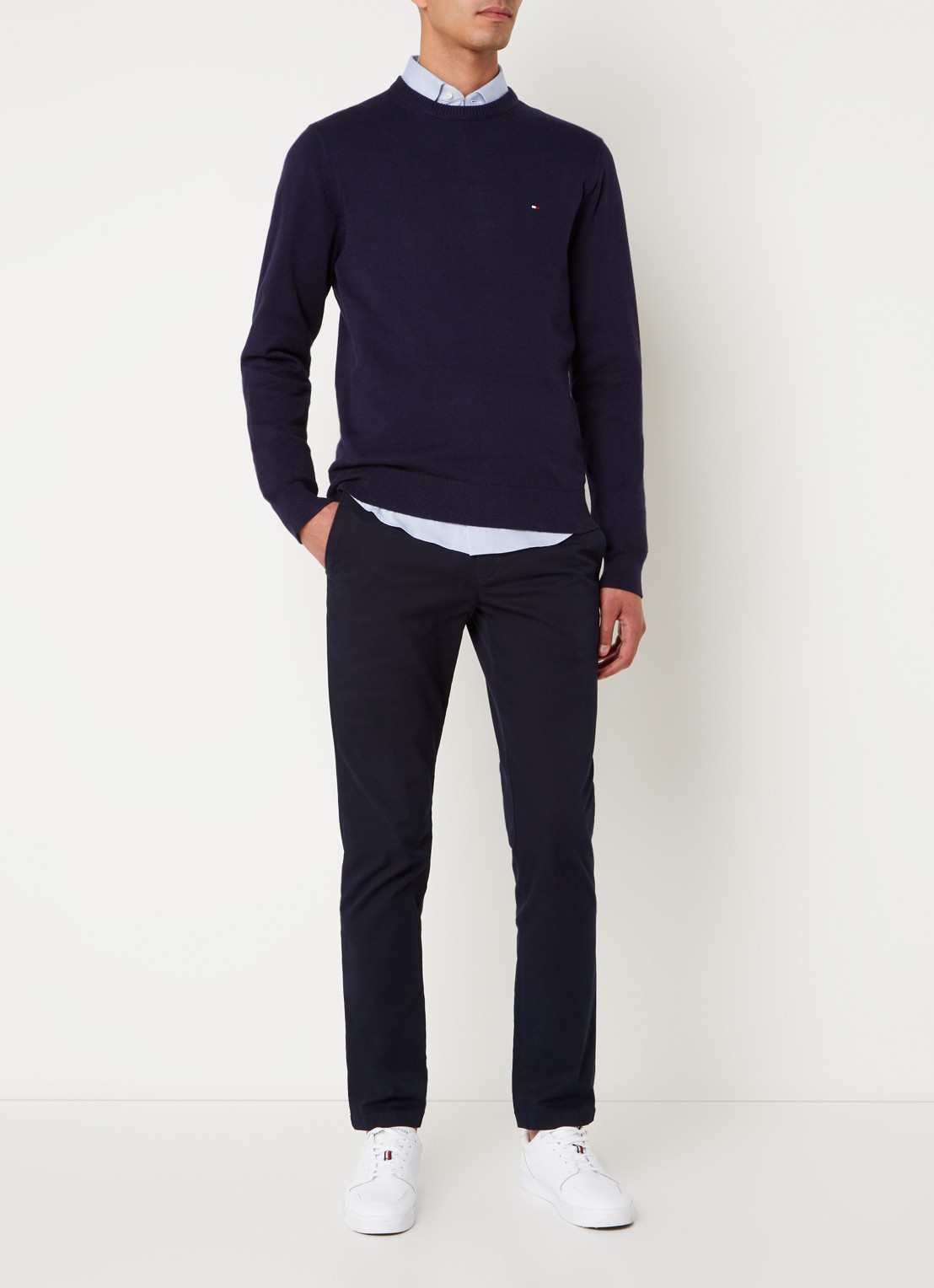Tommy Hilfiger Fijngebreide pullover in kasjmierblend met logoborduring - voorkant 5 donkerblauw