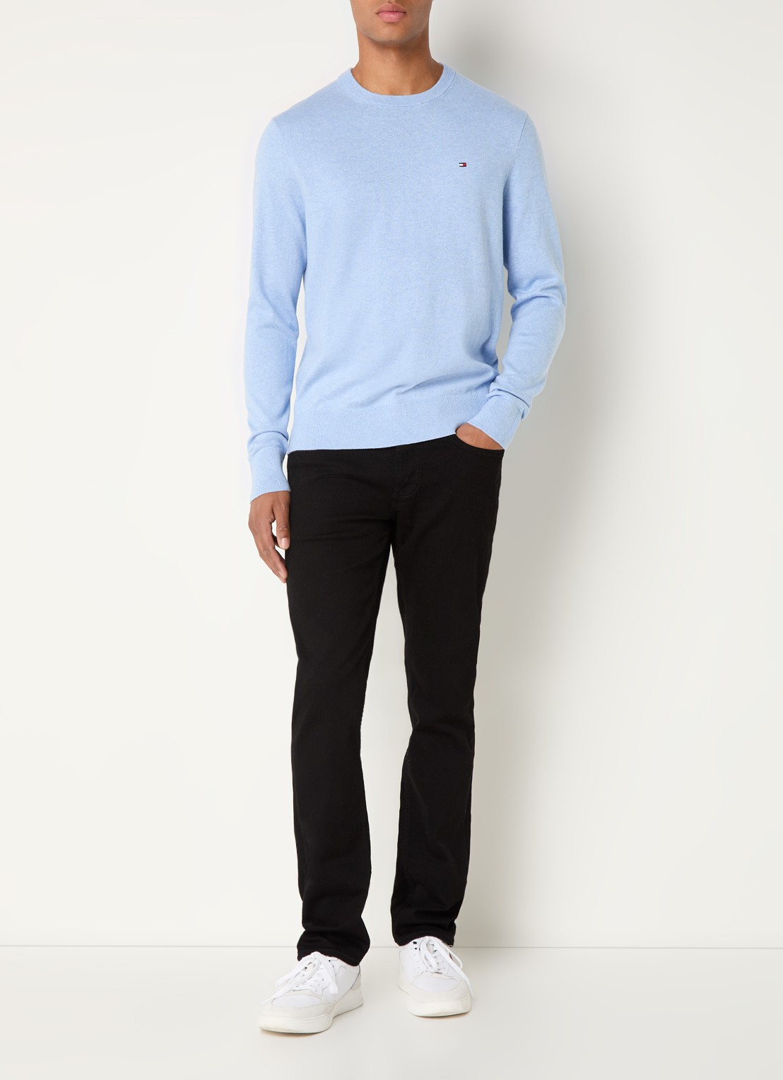 Tommy Hilfiger Fijngebreide pullover in kasjmierblend met logoborduring - voorkant 3 lichtblauw