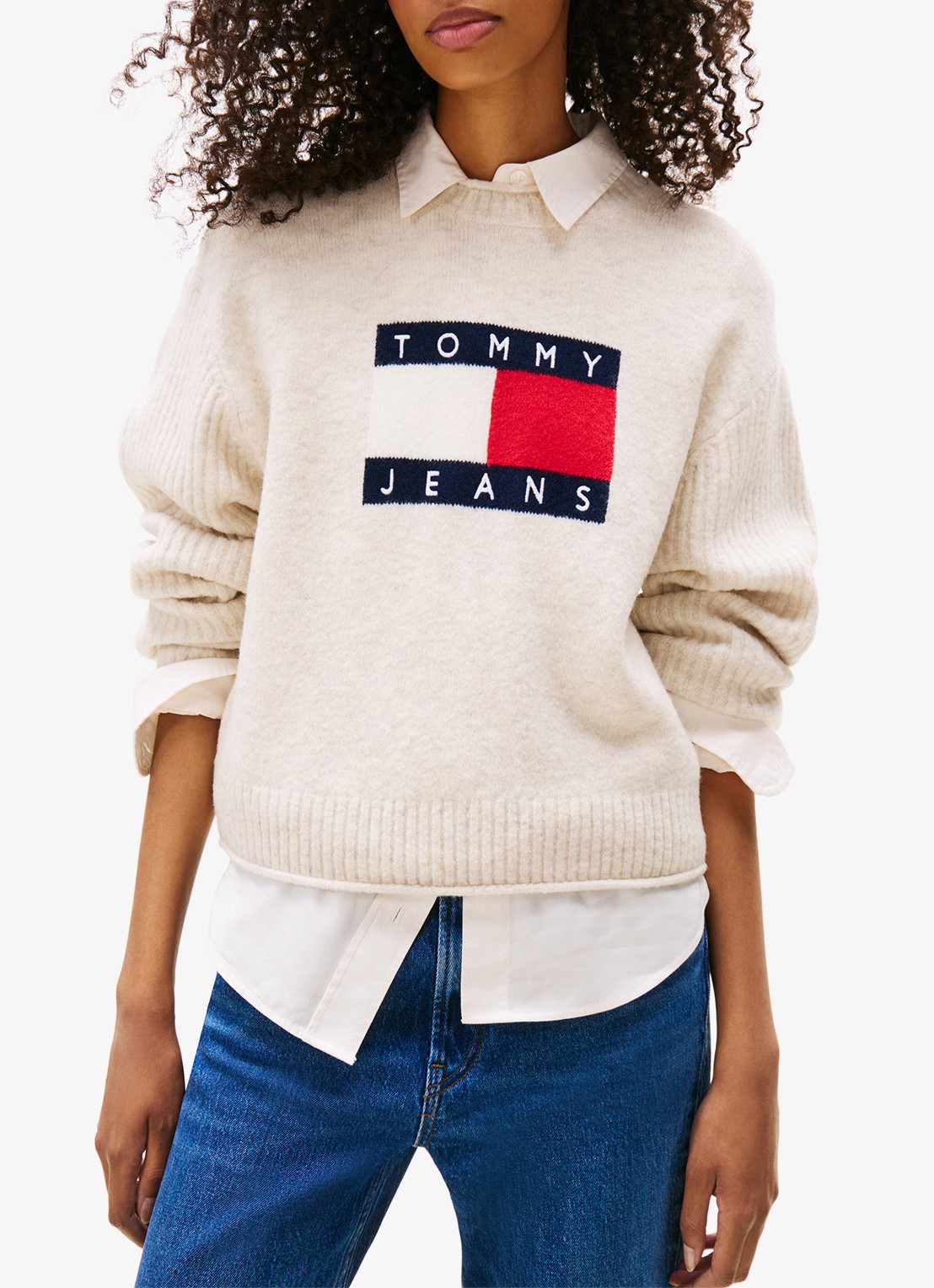 Tommy Hilfiger Fijngebreide pullover met ingebreid patroon - detail gebroken wit