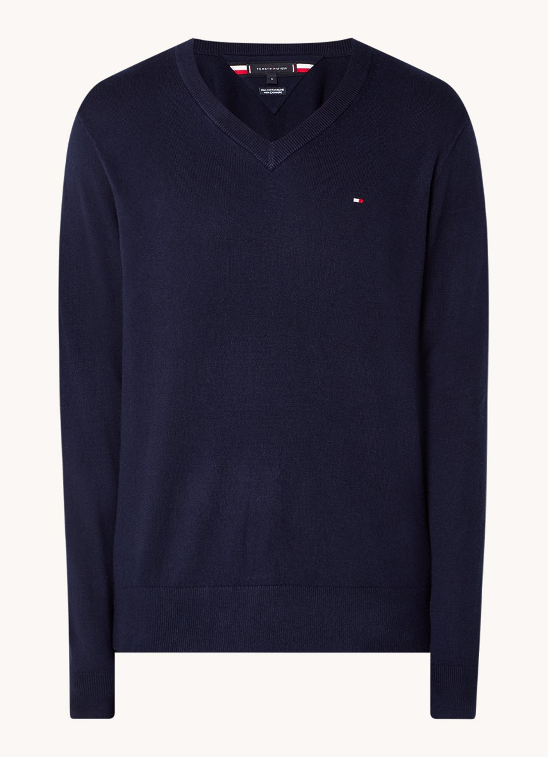 Tommy Hilfiger Fijngebreide pullover met logo - voorkant donkerblauw