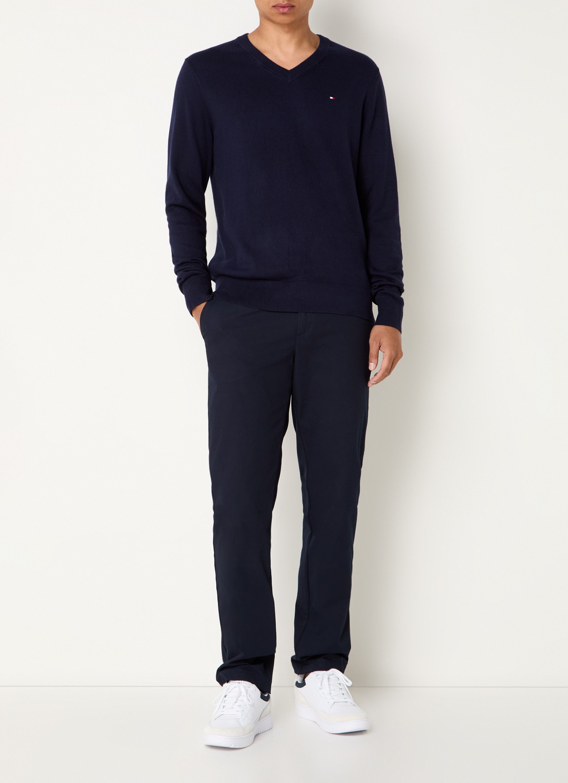Tommy Hilfiger Fijngebreide pullover met logo - voorkant 2 donkerblauw