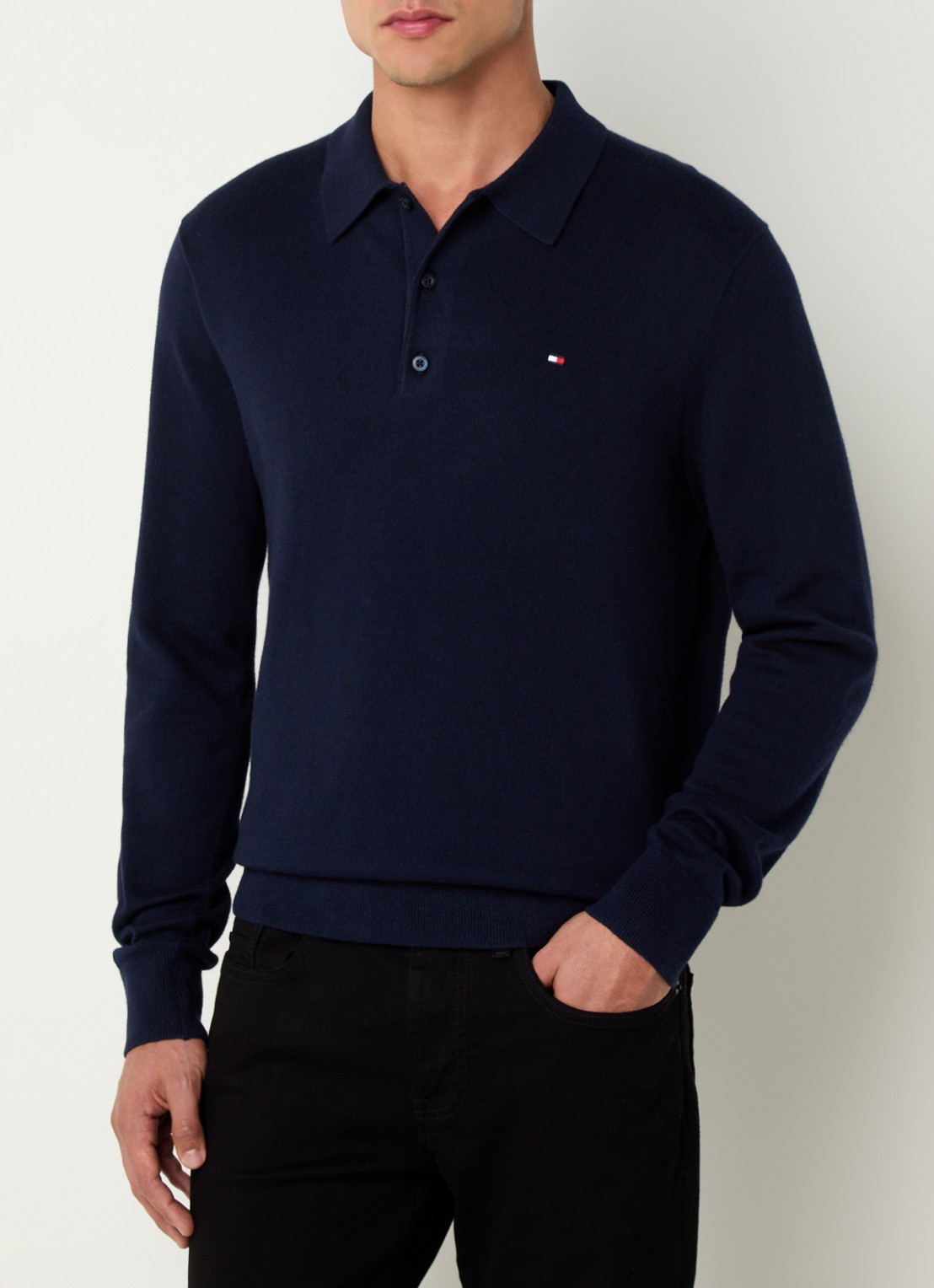 Tommy Hilfiger Fijngebreide regular fit polo in kasjmierblend met logo - detail donkerblauw