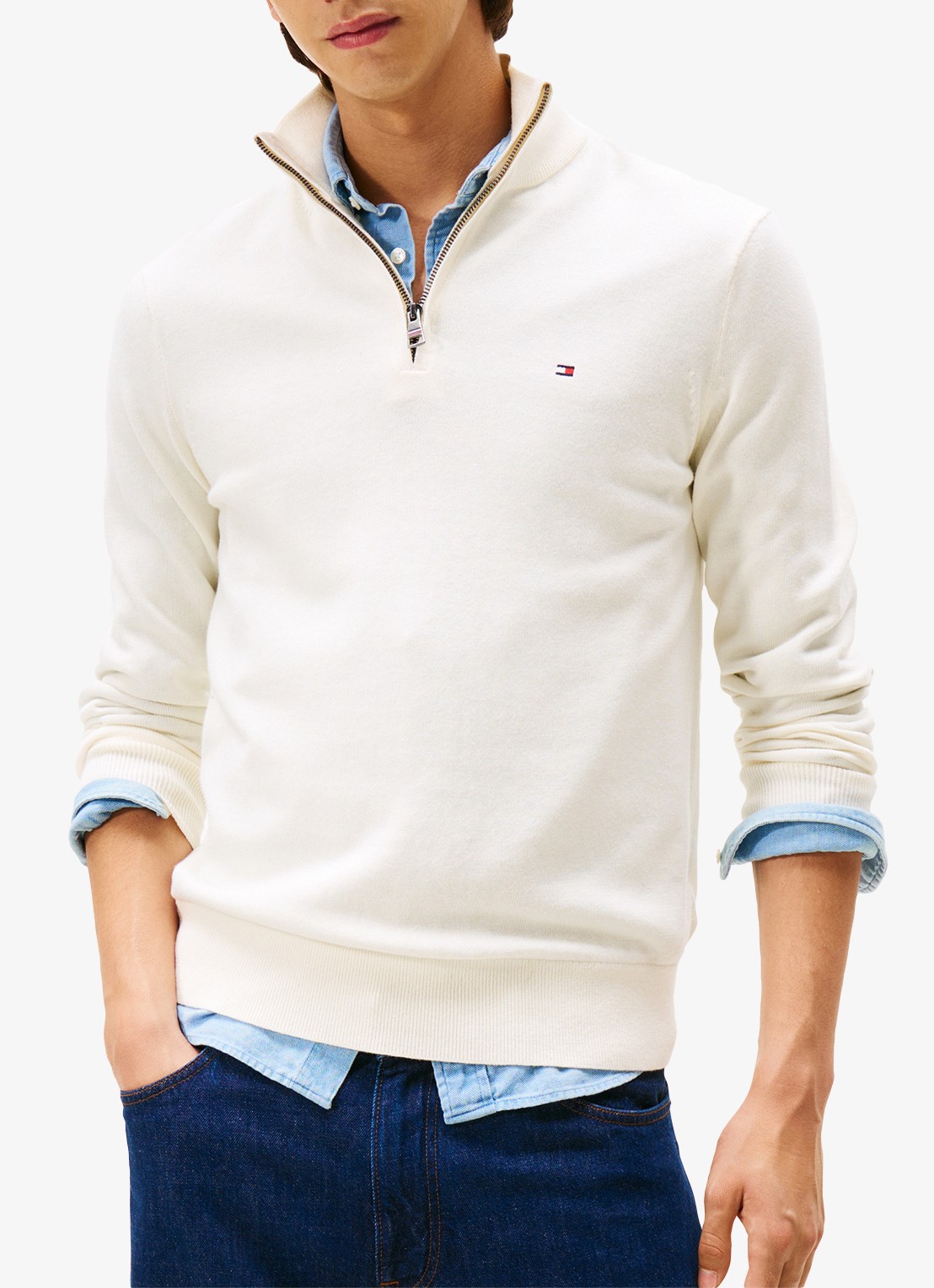 Tommy Hilfiger Fijngebreide trui in kasjmierblend met logoborduring - detail creme