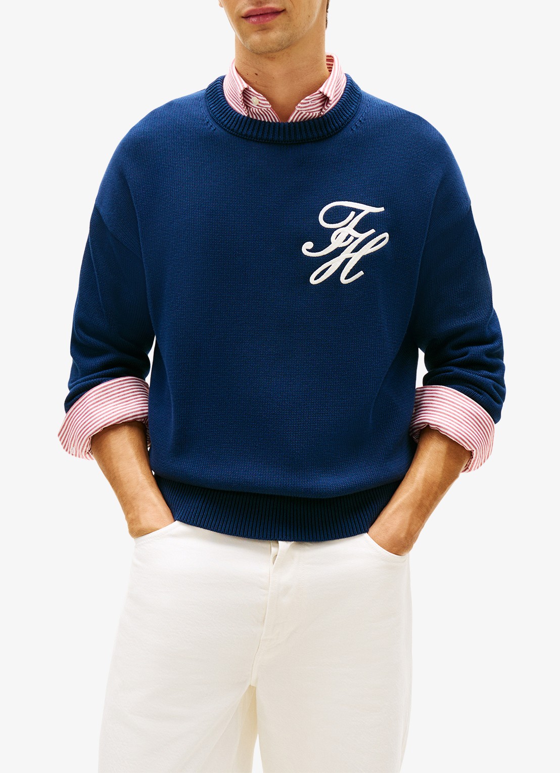 Tommy Hilfiger Fijngebreide trui met logo - detail 2 donkerblauw