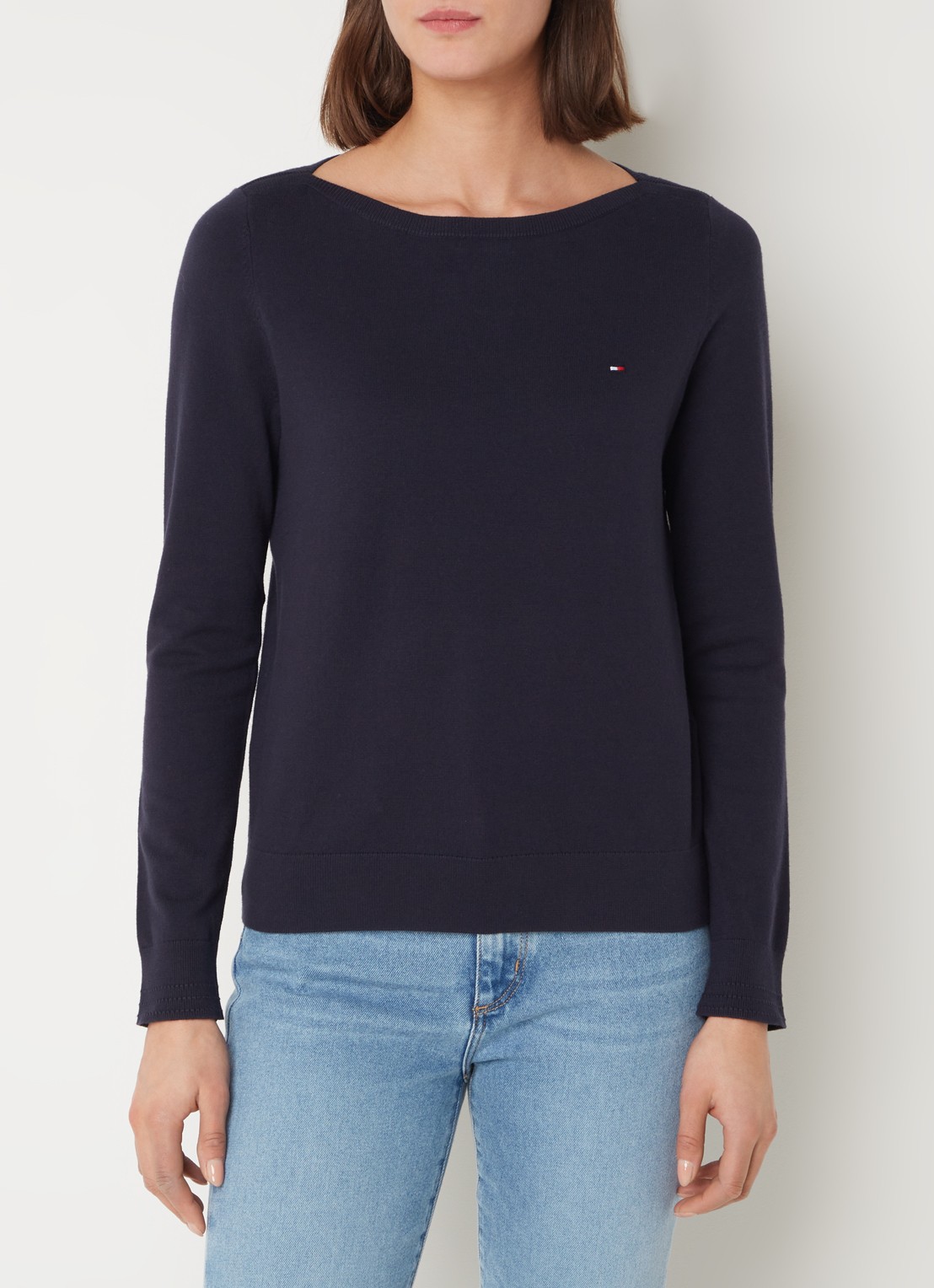 Tommy Hilfiger Fijngebreide trui met logoborduring - detail donkerblauw